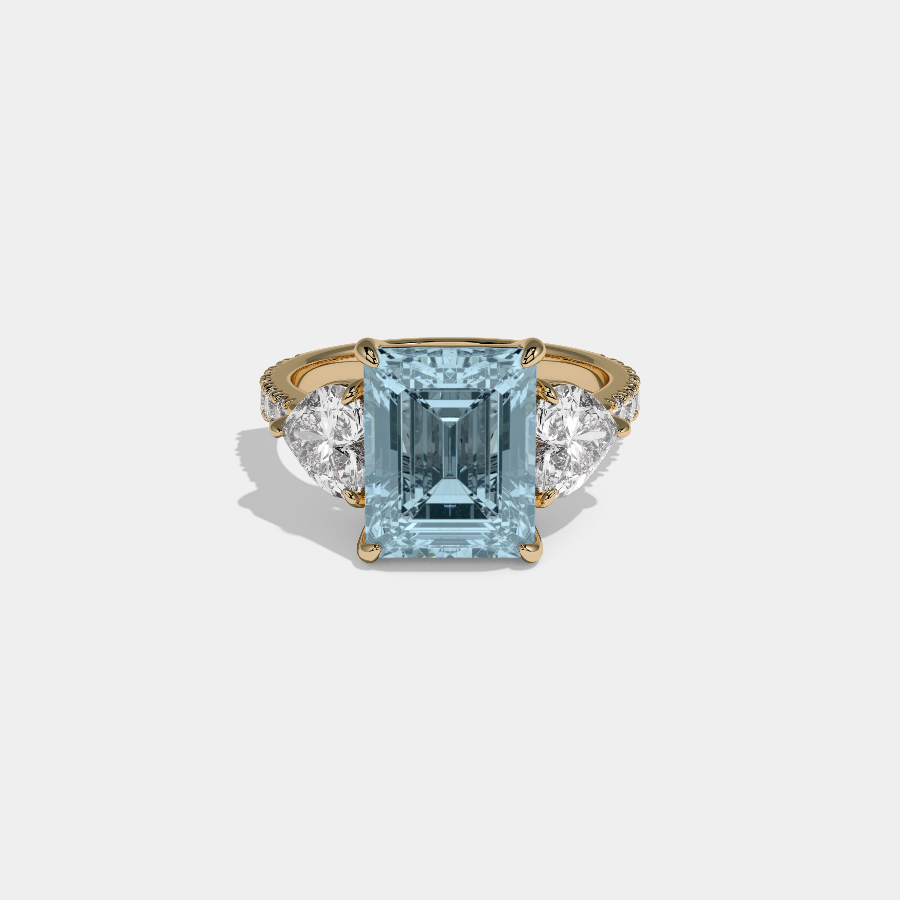Caroline Fancy Light Blue Emerald Cut Diamond Band With Heart Cut Sides Engagement Ring 8ct 18K Yellow Gold