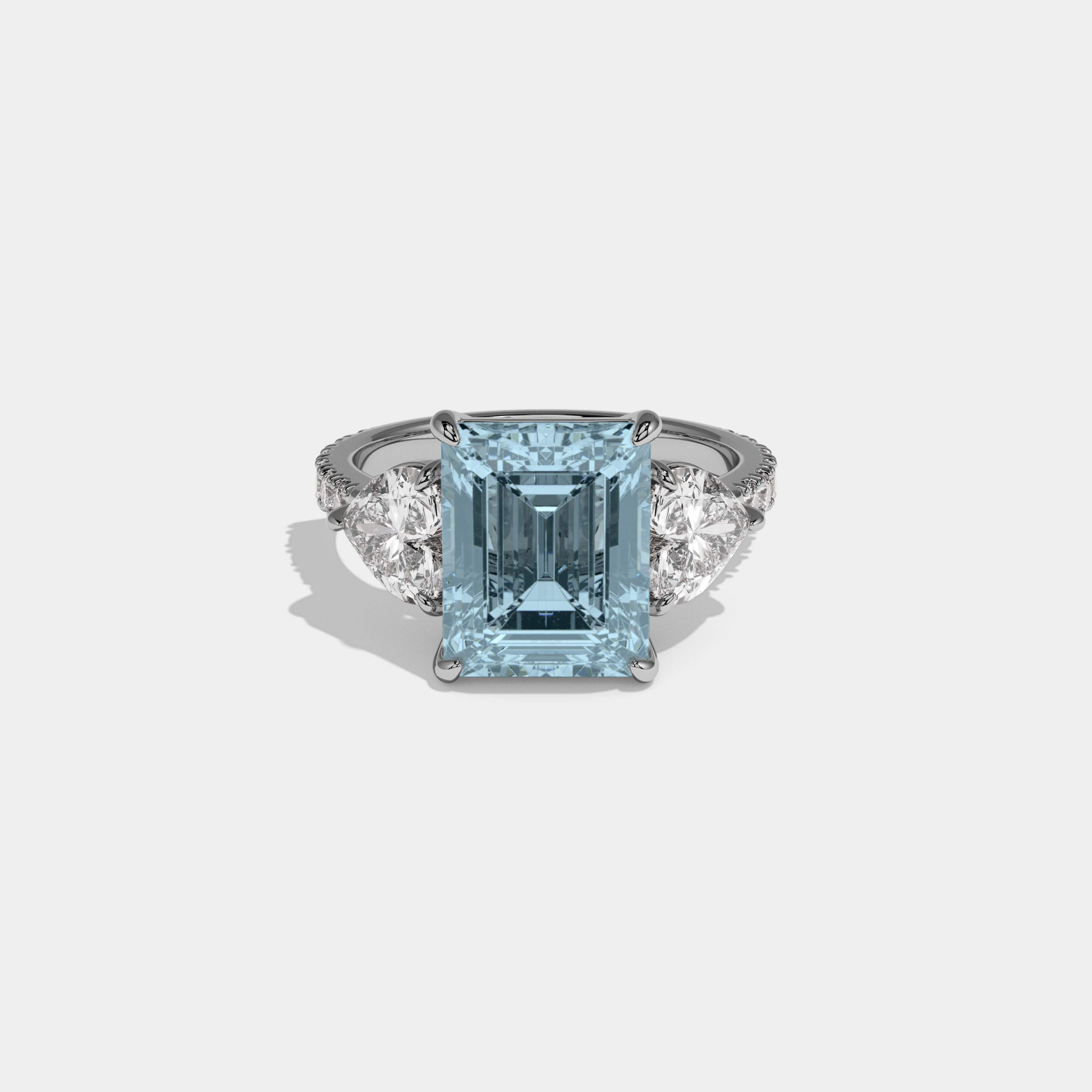 Margaret Fancy Light Blue Emerald Cut Diamond Band With Heart Cut Sides Engagement Ring 8ct 18K White Gold