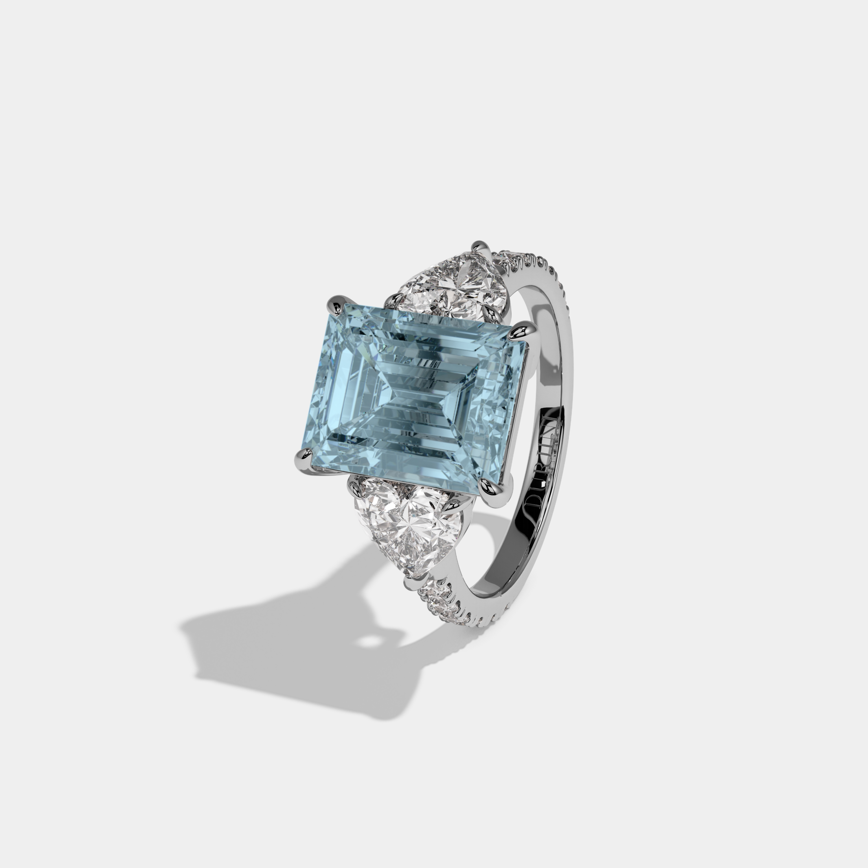 Margaret Fancy Light Blue Emerald Cut Diamond Band With Heart Cut Sides Engagement Ring 8ct 18K White Gold