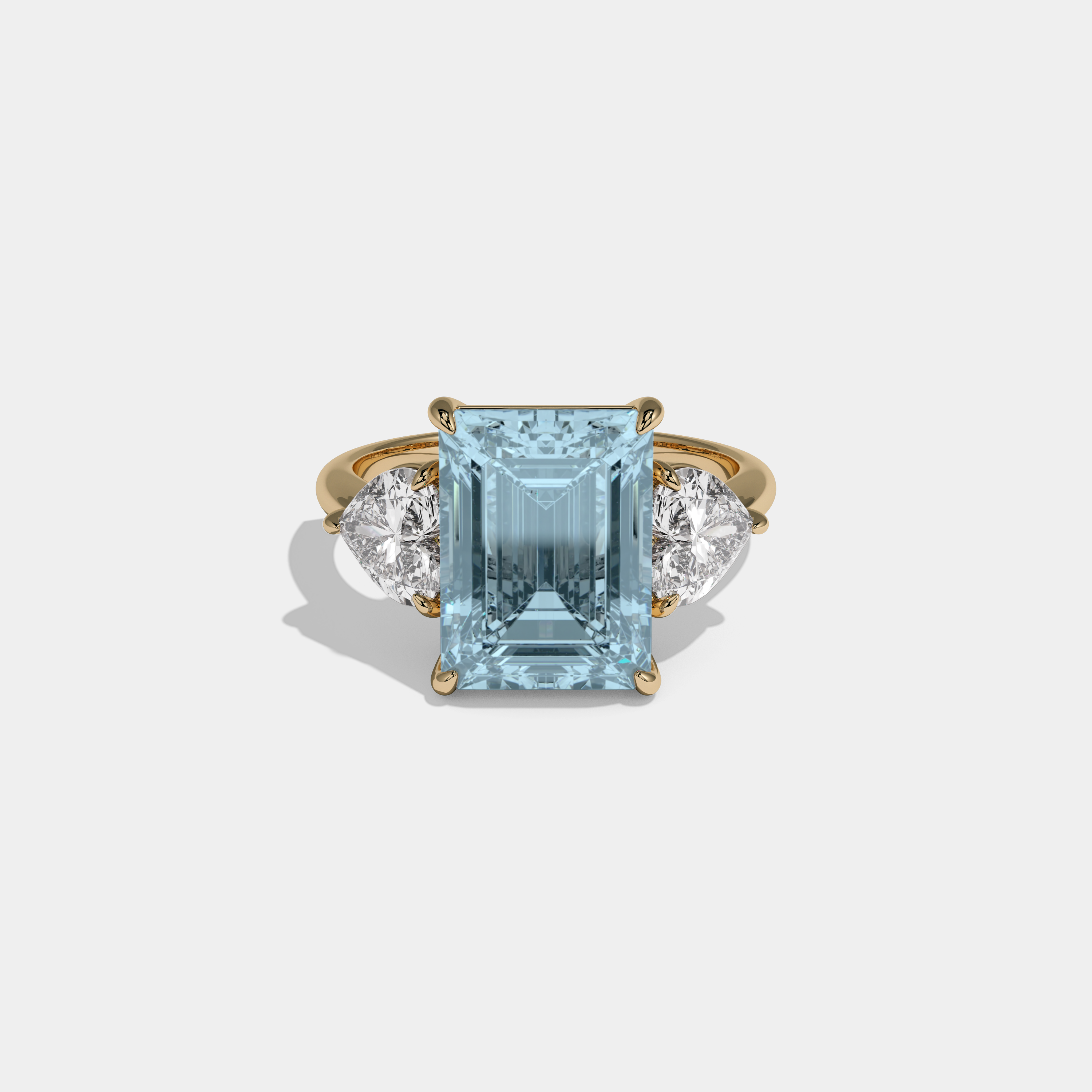 Caroline Fancy Light Blue Emerald Cut Diamond Plain Band With Heart Cut Sides Engagement Ring 8ct 18K Yellow Gold