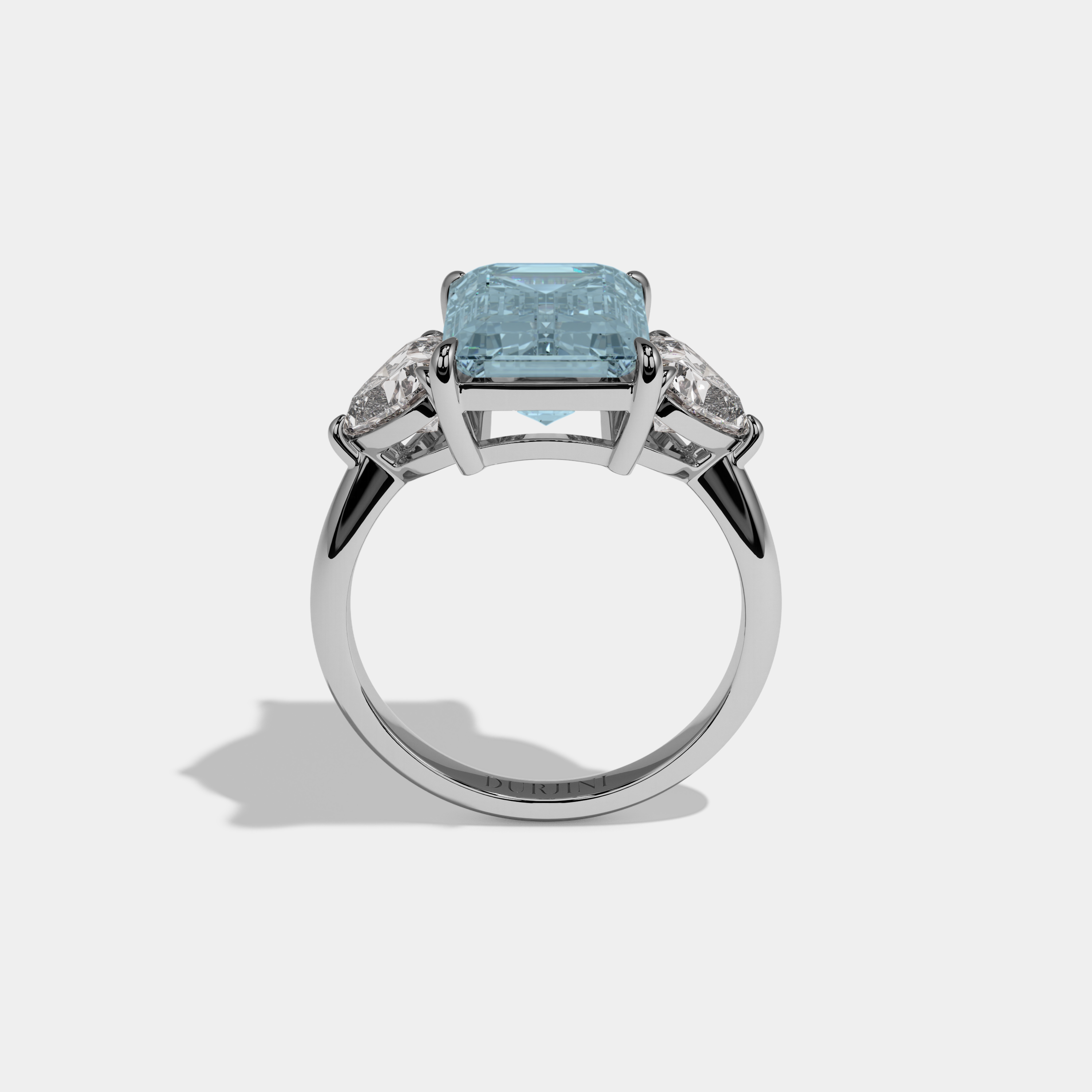 Margaret Fancy Light Blue Emerald Cut Diamond Plain Band With Heart Cut Sides Engagement Ring 8ct 18K White Gold