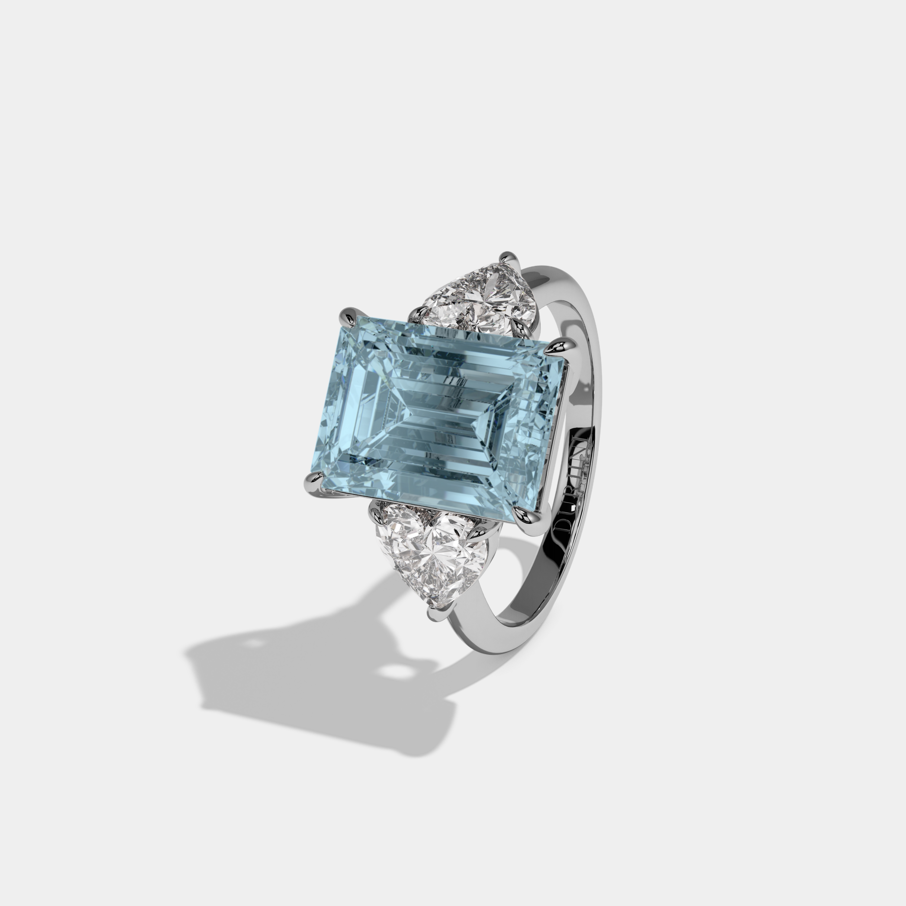 Margaret Fancy Light Blue Emerald Cut Diamond Plain Band With Heart Cut Sides Engagement Ring 8ct 18K White Gold