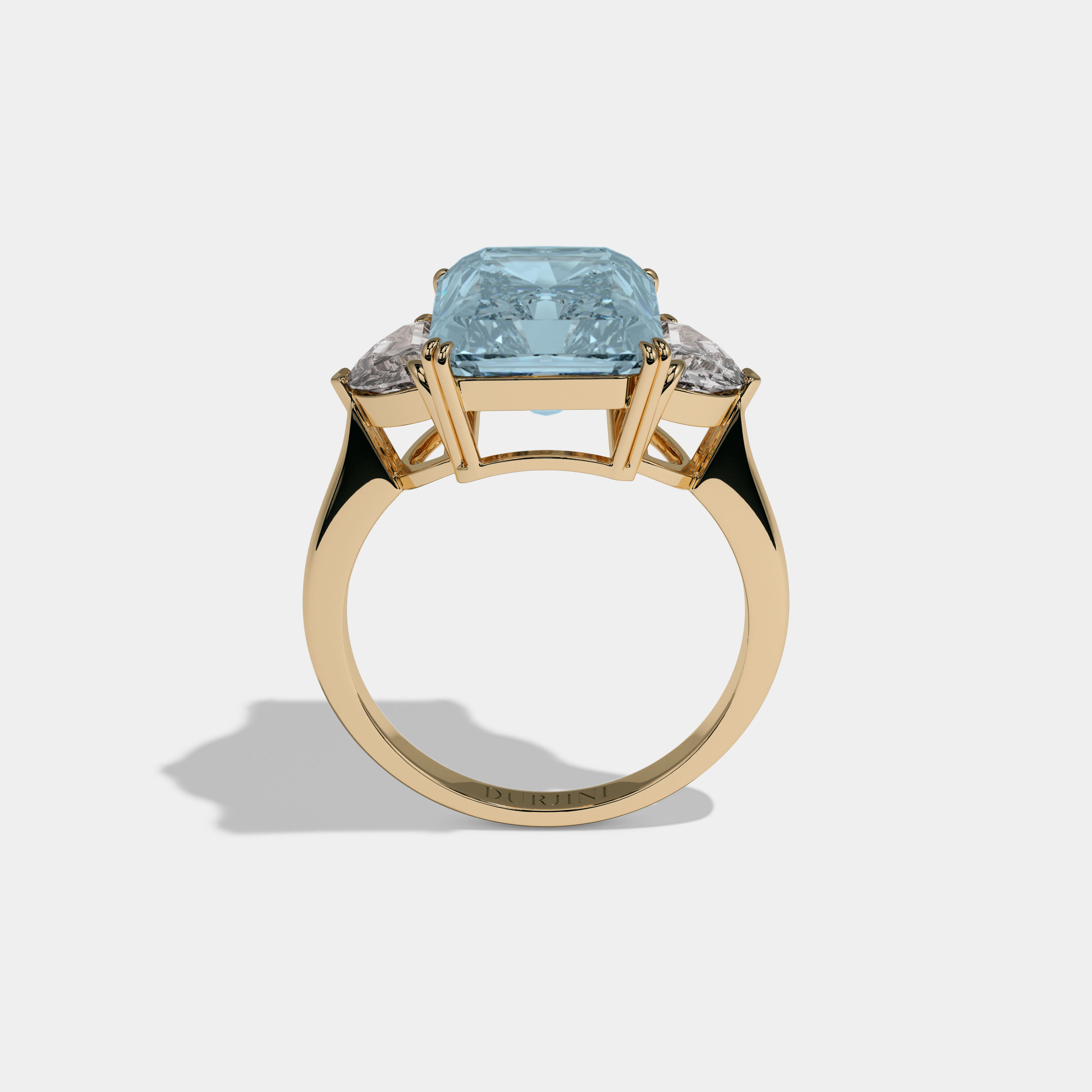 Caroline Fancy Light Blue Radiant Cut Diamond Plain Band With Half Moon Sides Engagement Ring 8ct 18K Yellow Gold