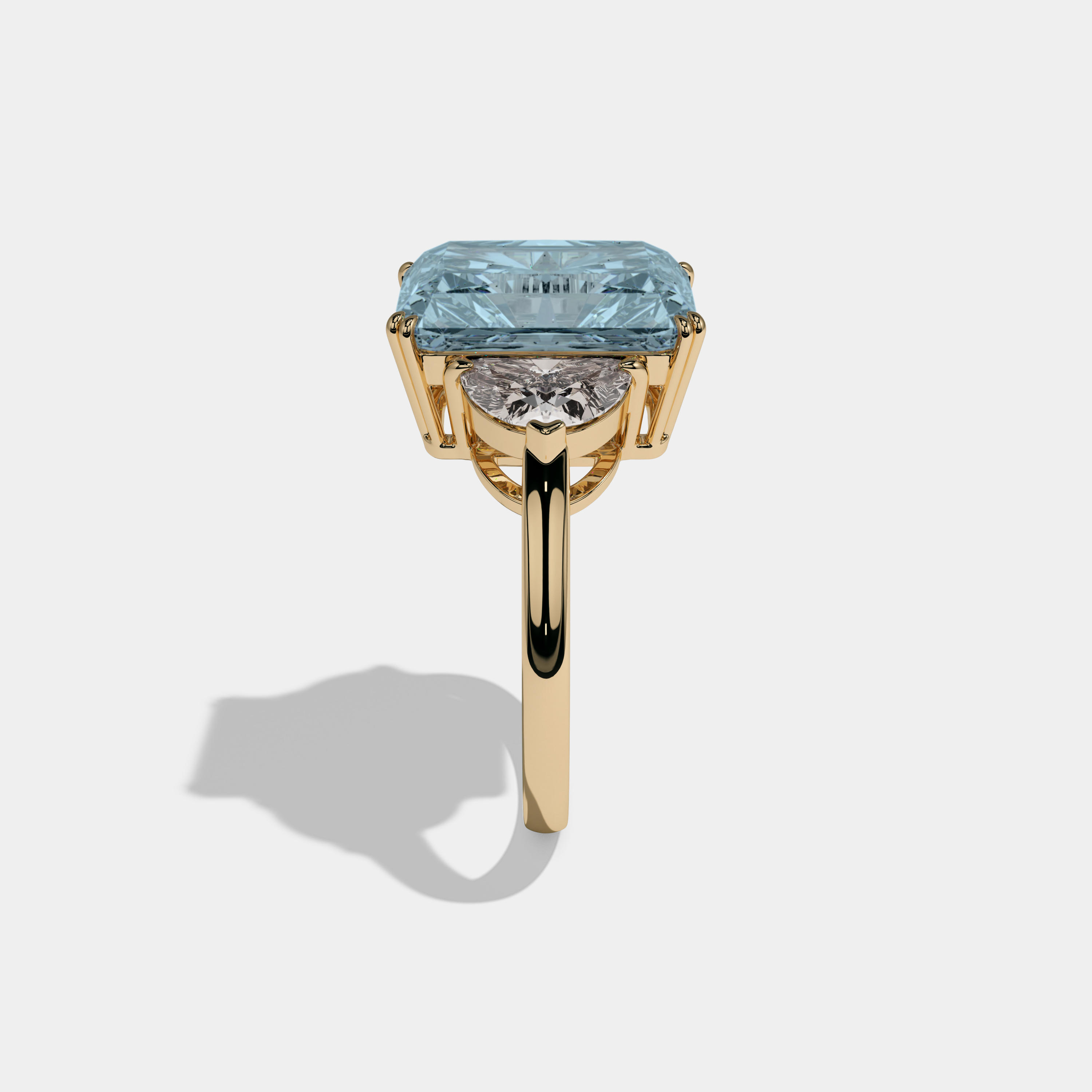 Caroline Fancy Light Blue Radiant Cut Diamond Plain Band With Half Moon Sides Engagement Ring 8ct 18K Yellow Gold