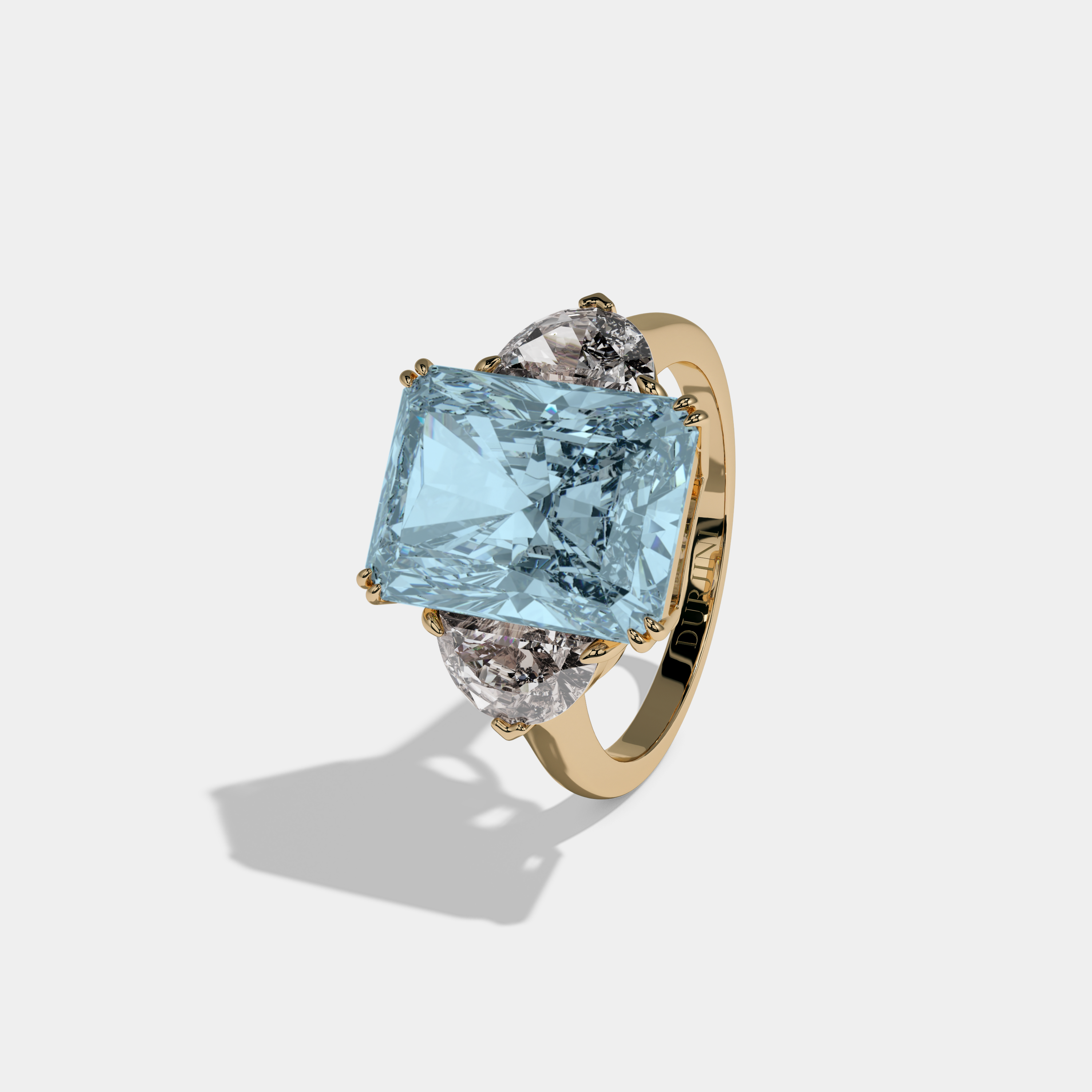Caroline Fancy Light Blue Radiant Cut Diamond Plain Band With Half Moon Sides Engagement Ring 8ct 18K Yellow Gold