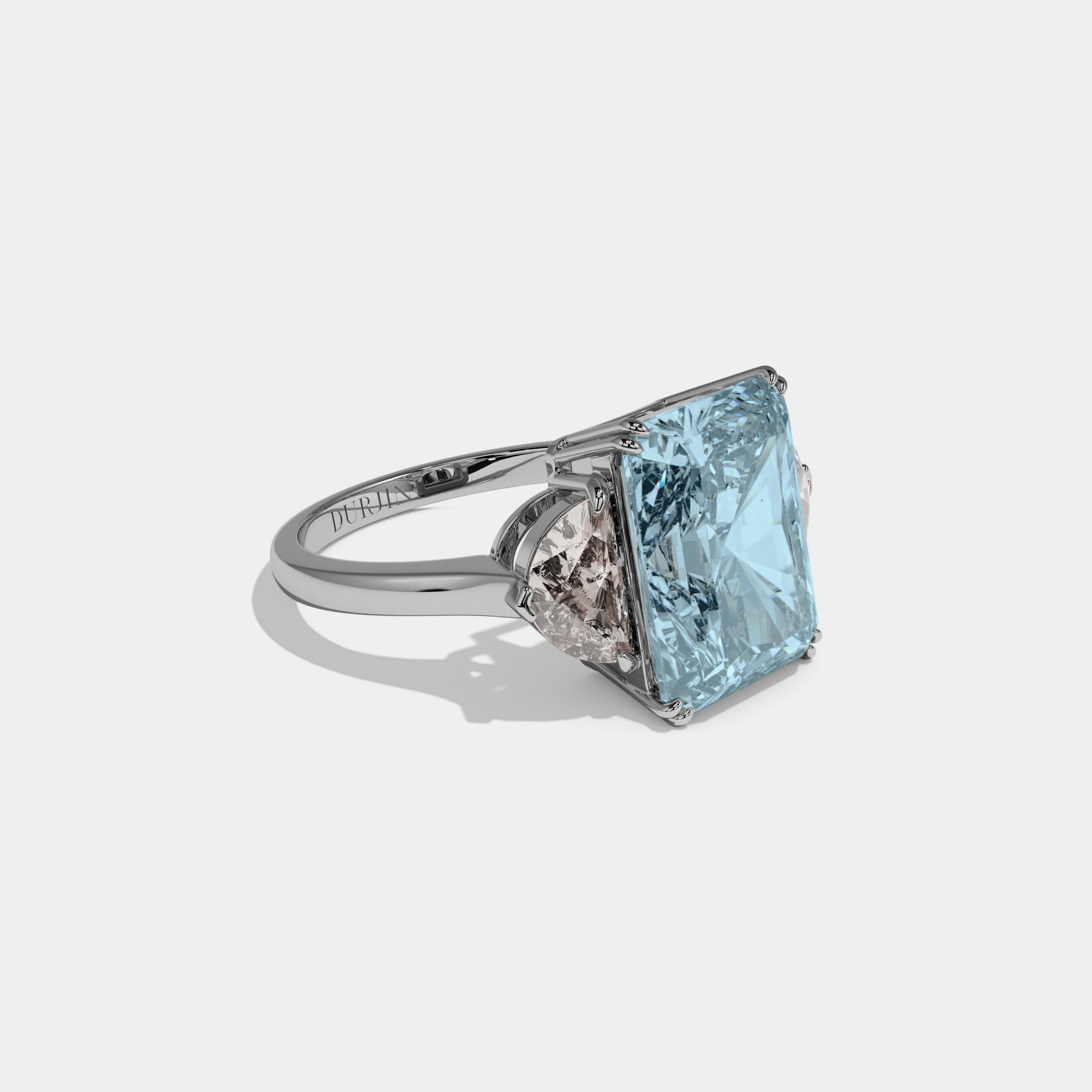 Margaret Fancy Light Blue Radiant Cut Diamond Plain Band With Half Moon Sides Engagement Ring 8ct 18K White Gold