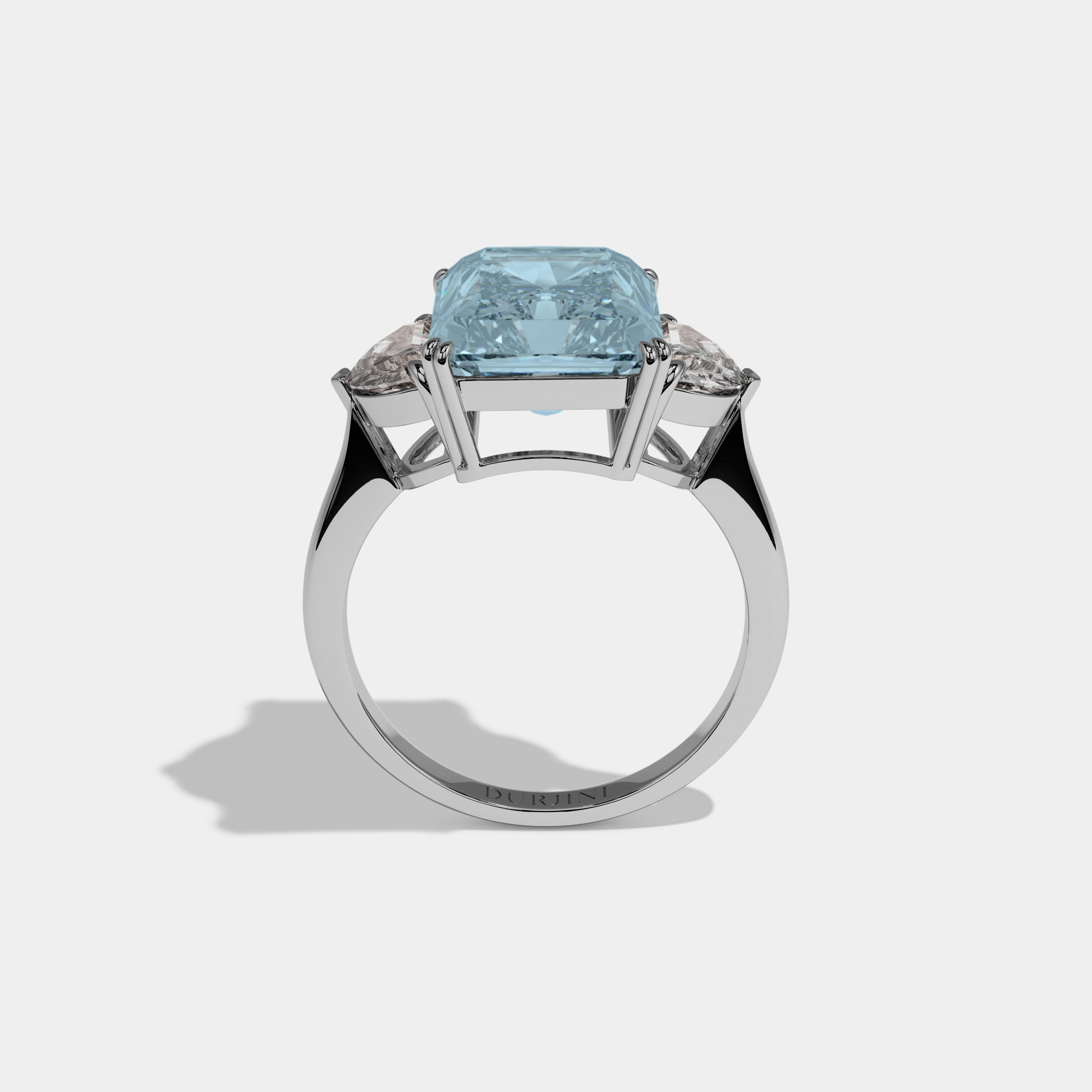 Margaret Fancy Light Blue Radiant Cut Diamond Plain Band With Half Moon Sides Engagement Ring 8ct 18K White Gold