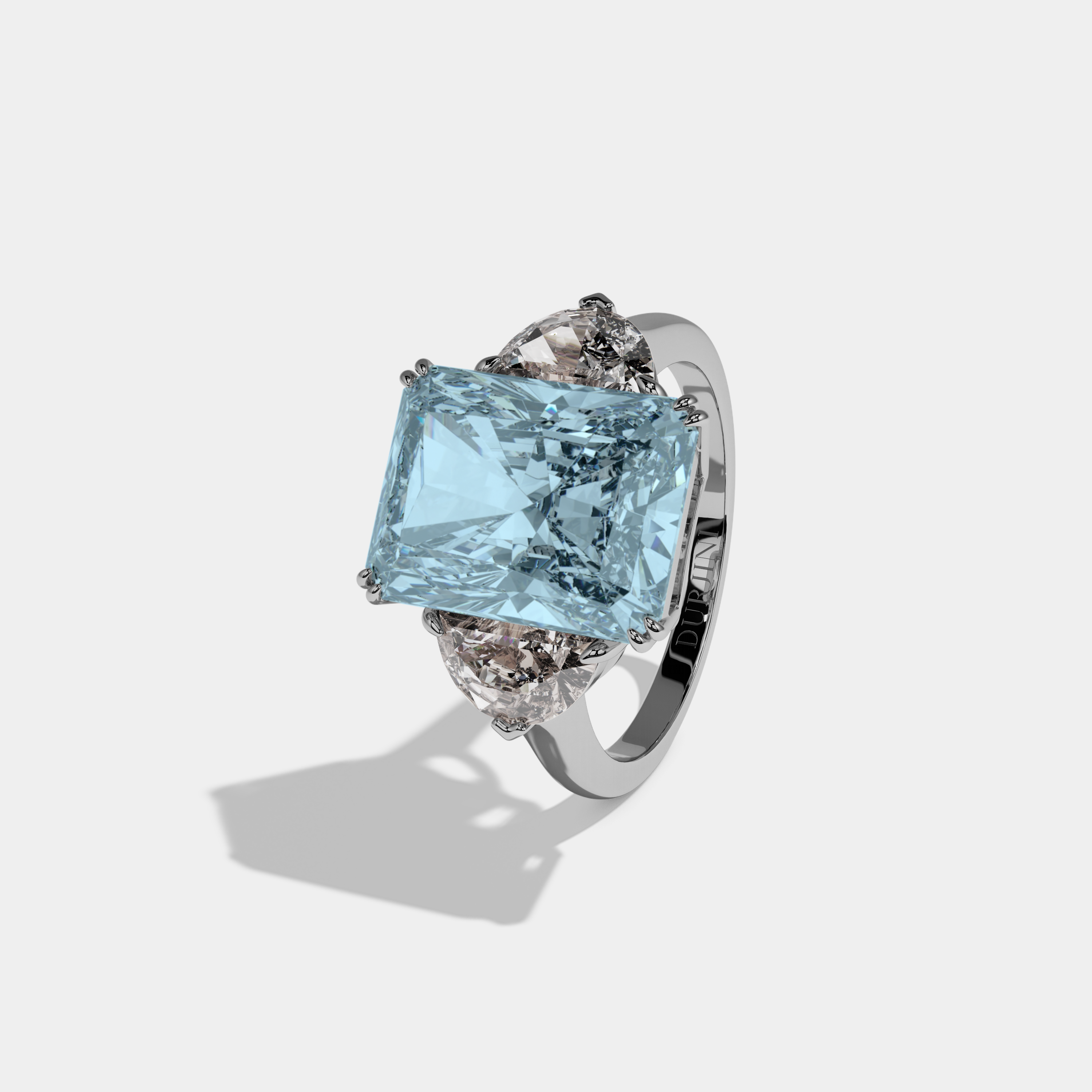 Margaret Fancy Light Blue Radiant Cut Diamond Plain Band With Half Moon Sides Engagement Ring 8ct 18K White Gold