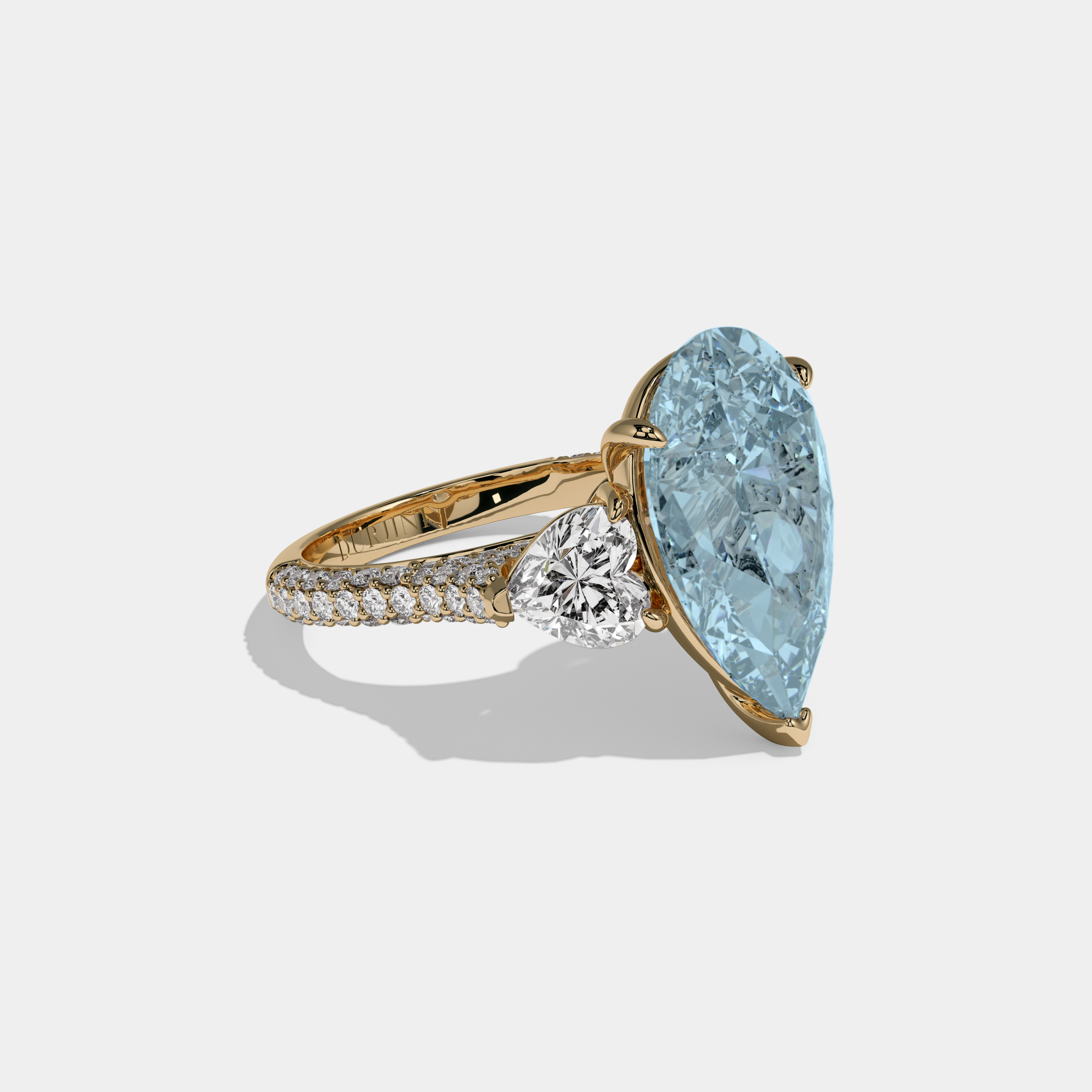 Anne Fancy Light Blue Pear Cut Diamond Band With Heart Cut Sides Engagement Ring 9ct 18K Yellow Gold