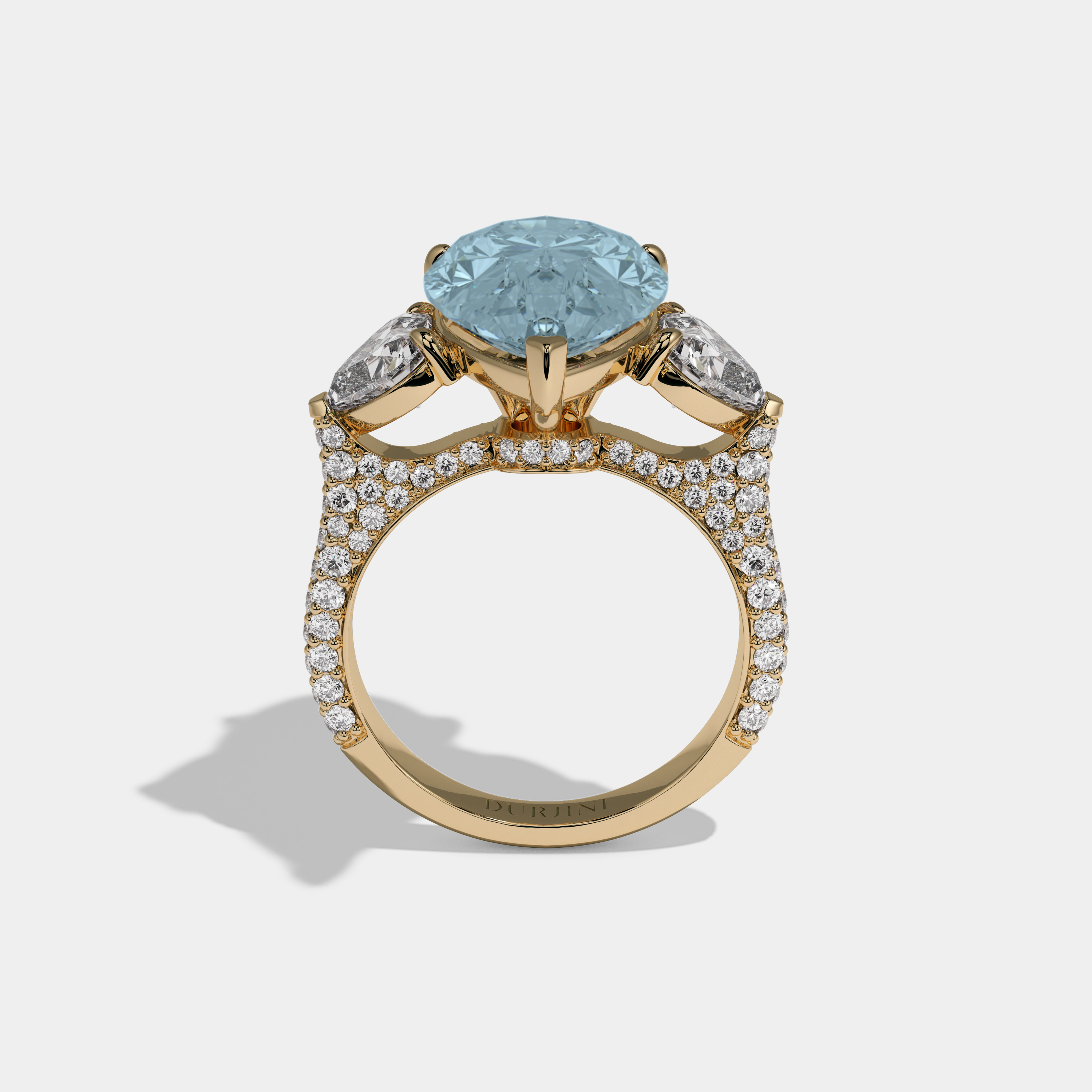 Anne Fancy Light Blue Pear Cut Diamond Band With Heart Cut Sides Engagement Ring 9ct 18K Yellow Gold