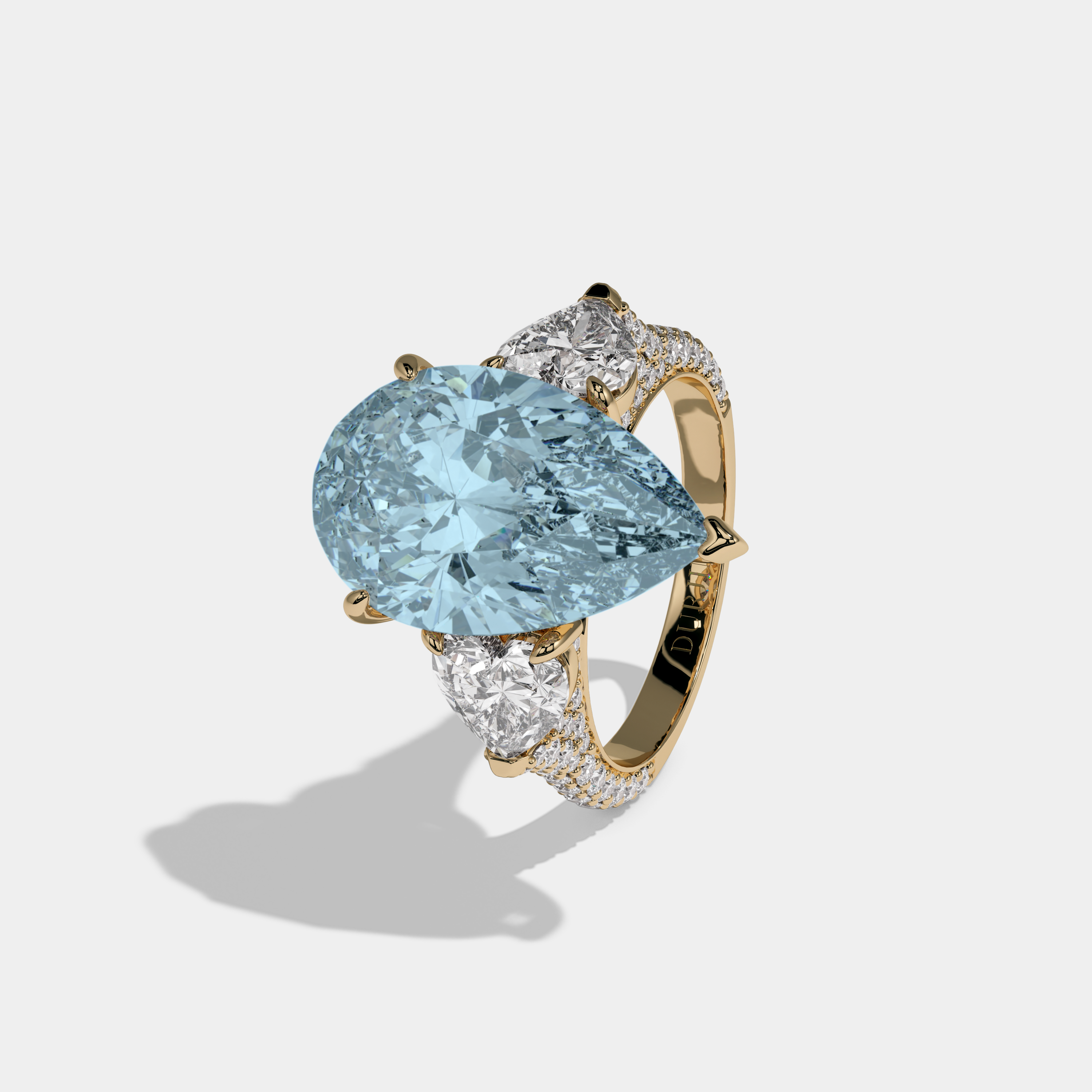 Anne Fancy Light Blue Pear Cut Diamond Band With Heart Cut Sides Engagement Ring 9ct 18K Yellow Gold