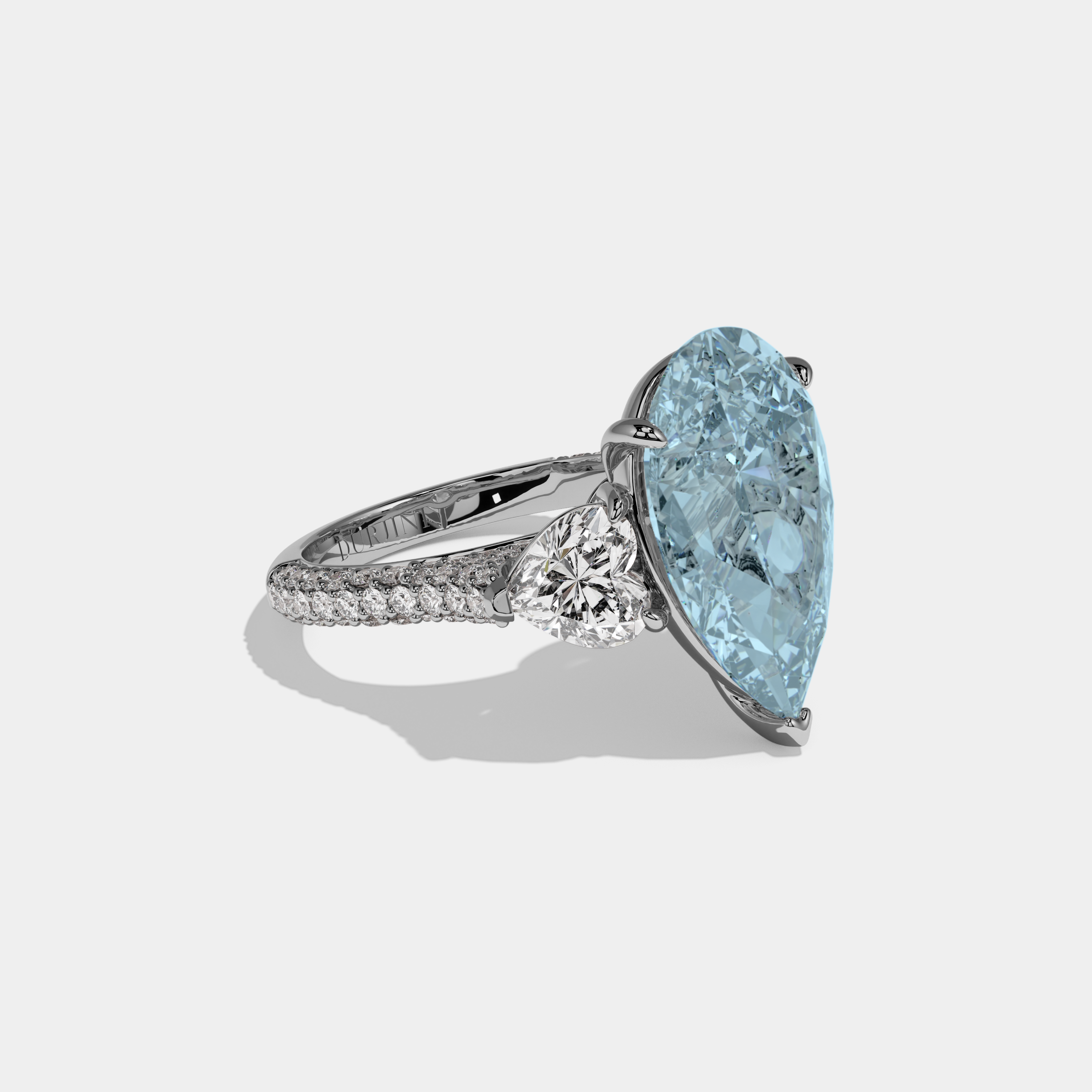 Mary Fancy Light Blue Pear Cut Diamond Band With Heart Cut Sides Engagement Ring 9ct 18K White Gold