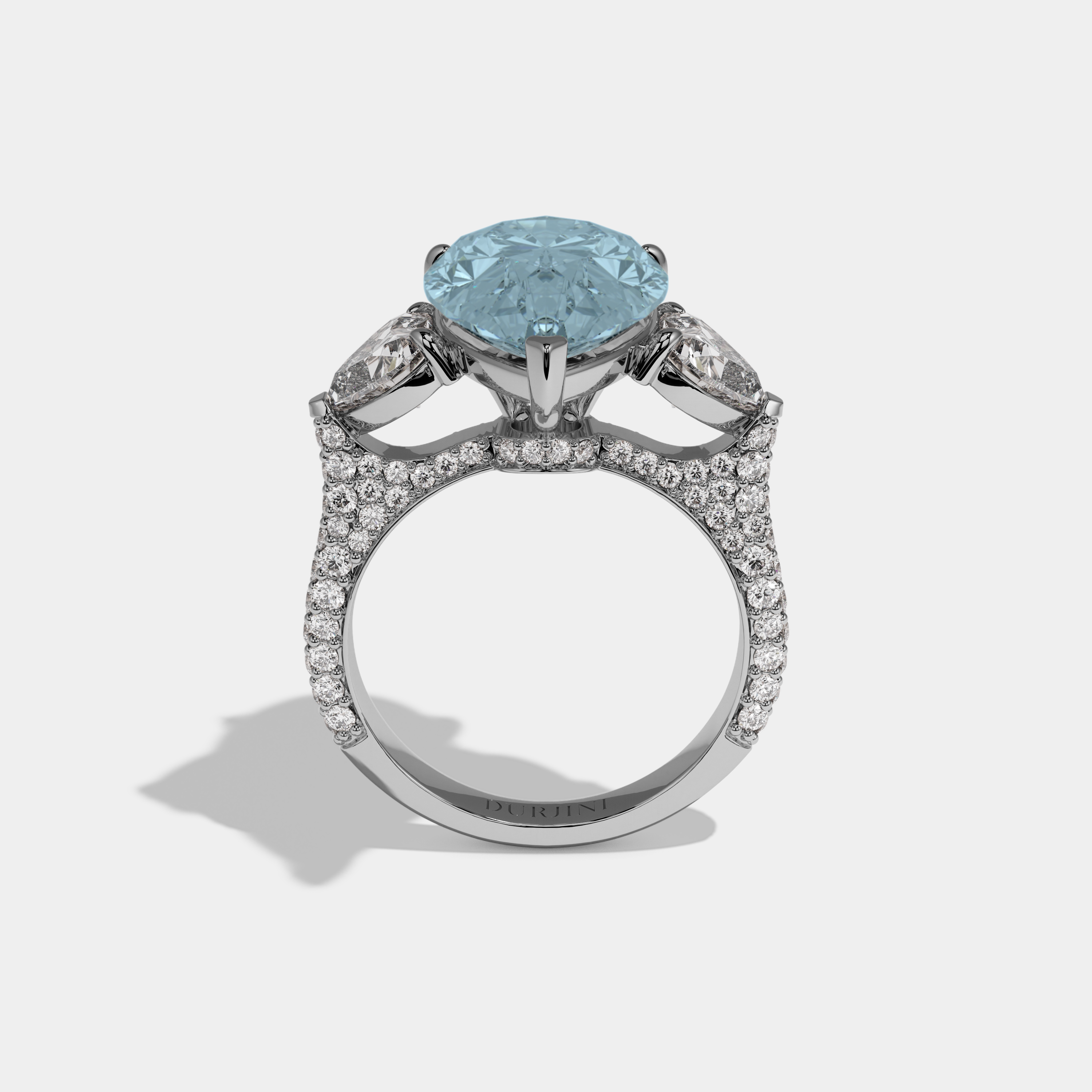 Mary Fancy Light Blue Pear Cut Diamond Band With Heart Cut Sides Engagement Ring 9ct 18K White Gold