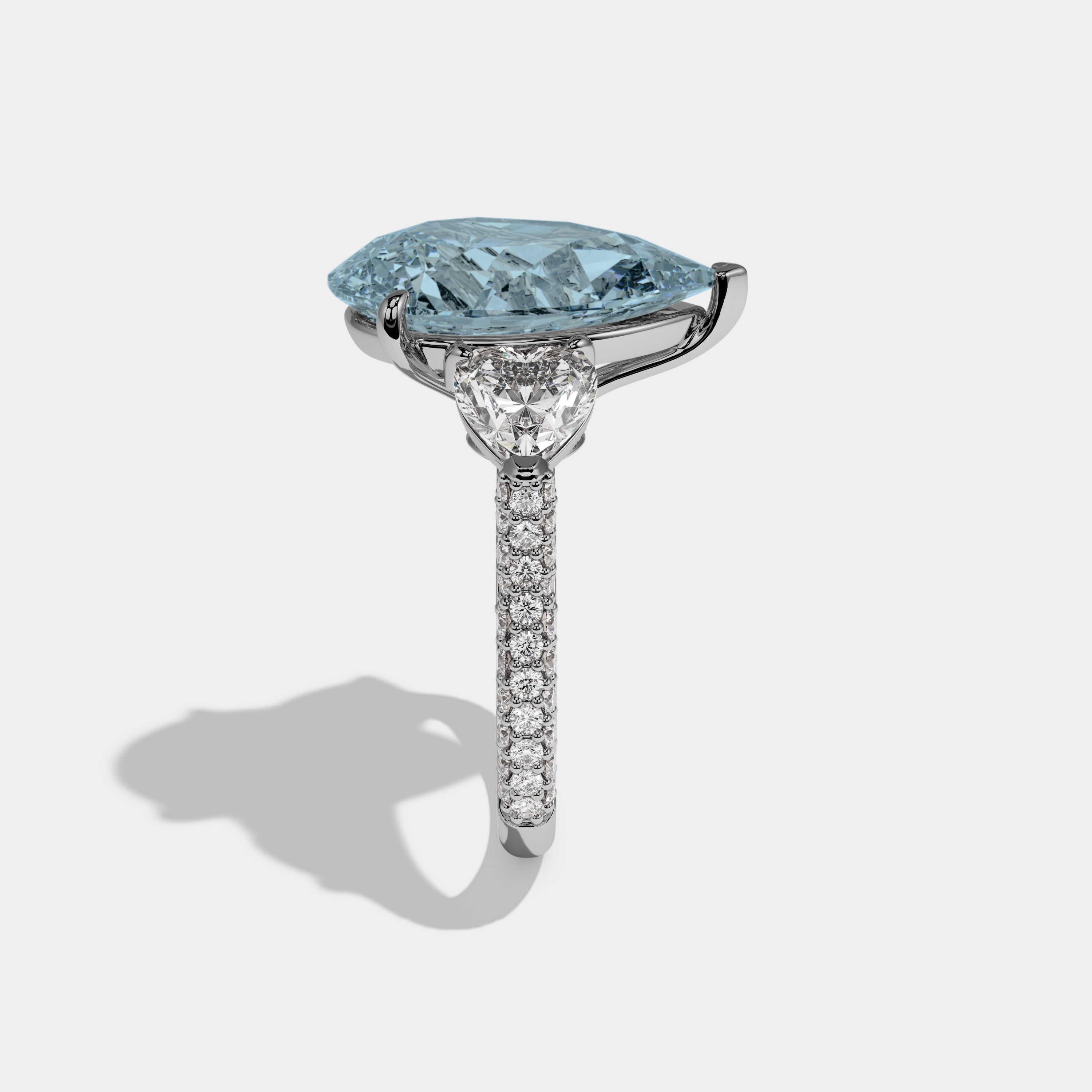 Mary Fancy Light Blue Pear Cut Diamond Band With Heart Cut Sides Engagement Ring 9ct 18K White Gold