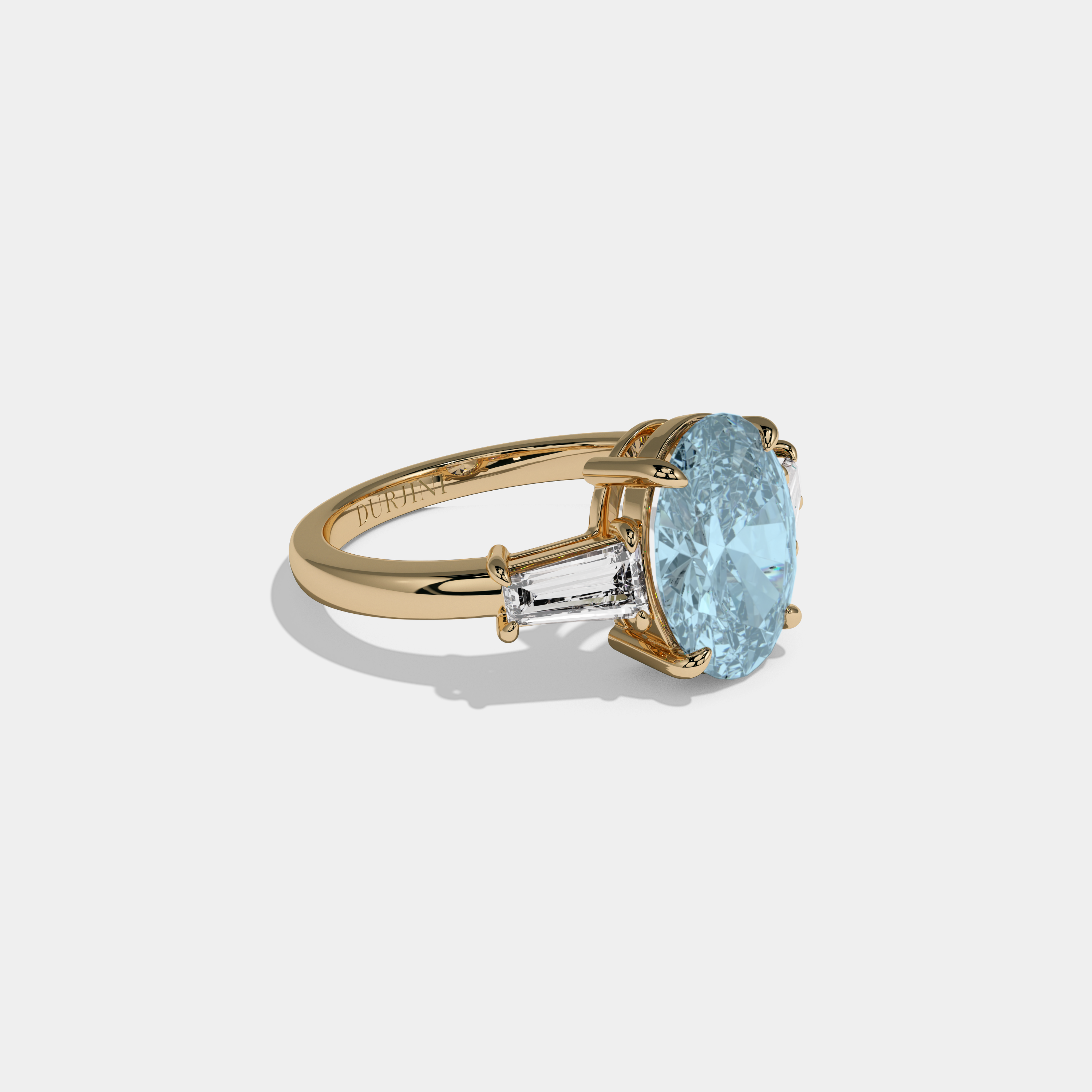 Caroline Fancy Light Blue Oval Cut Diamond Plain Band Engagement Ring With Baguette Cut Sides 6ct 18K Yellow Gold