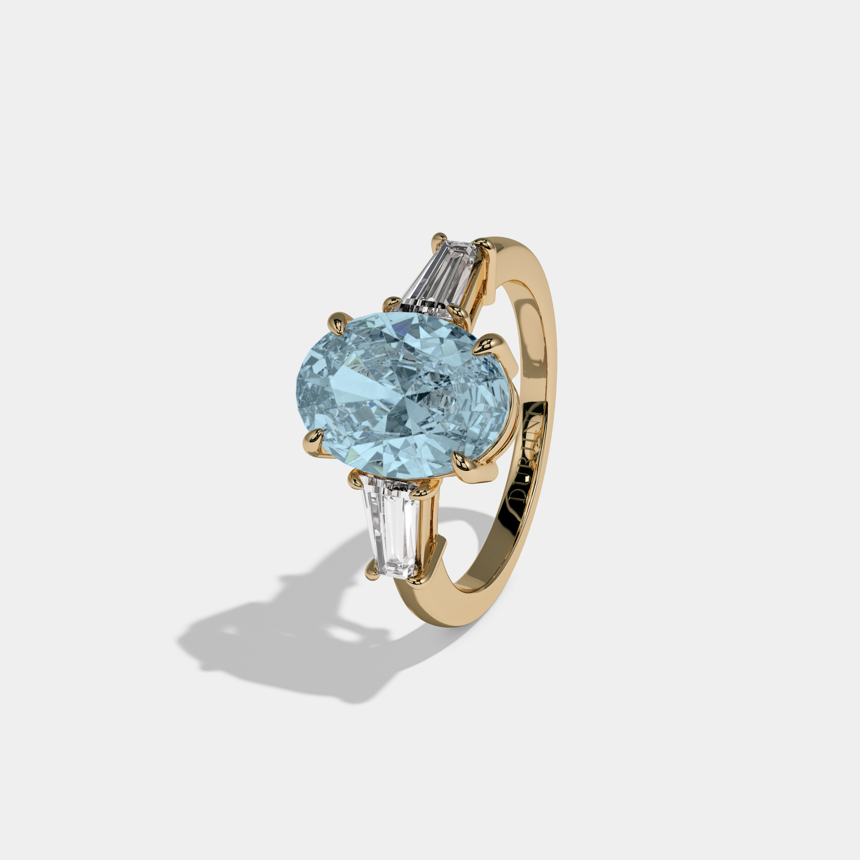 Caroline Fancy Light Blue Oval Cut Diamond Plain Band Engagement Ring With Baguette Cut Sides 6ct 18K Yellow Gold