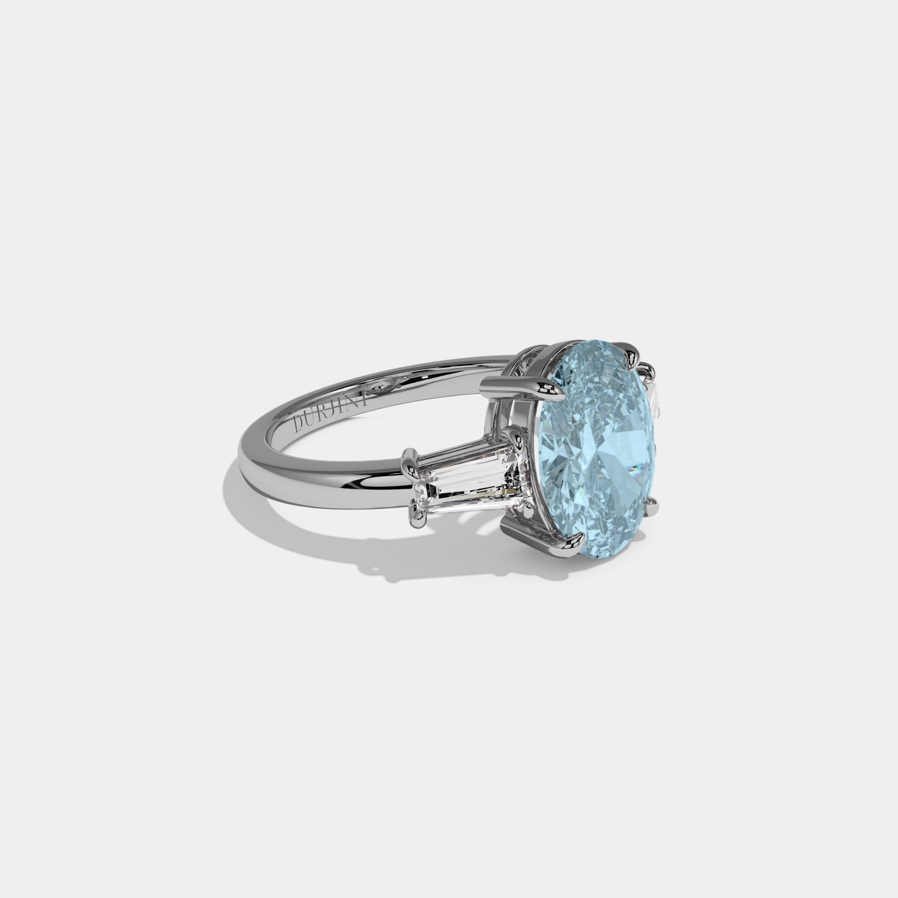 Margaret Fancy Light Blue Oval Cut Diamond Plain Band Engagement Ring With Baguette Cut Sides 6ct 18K White Gold