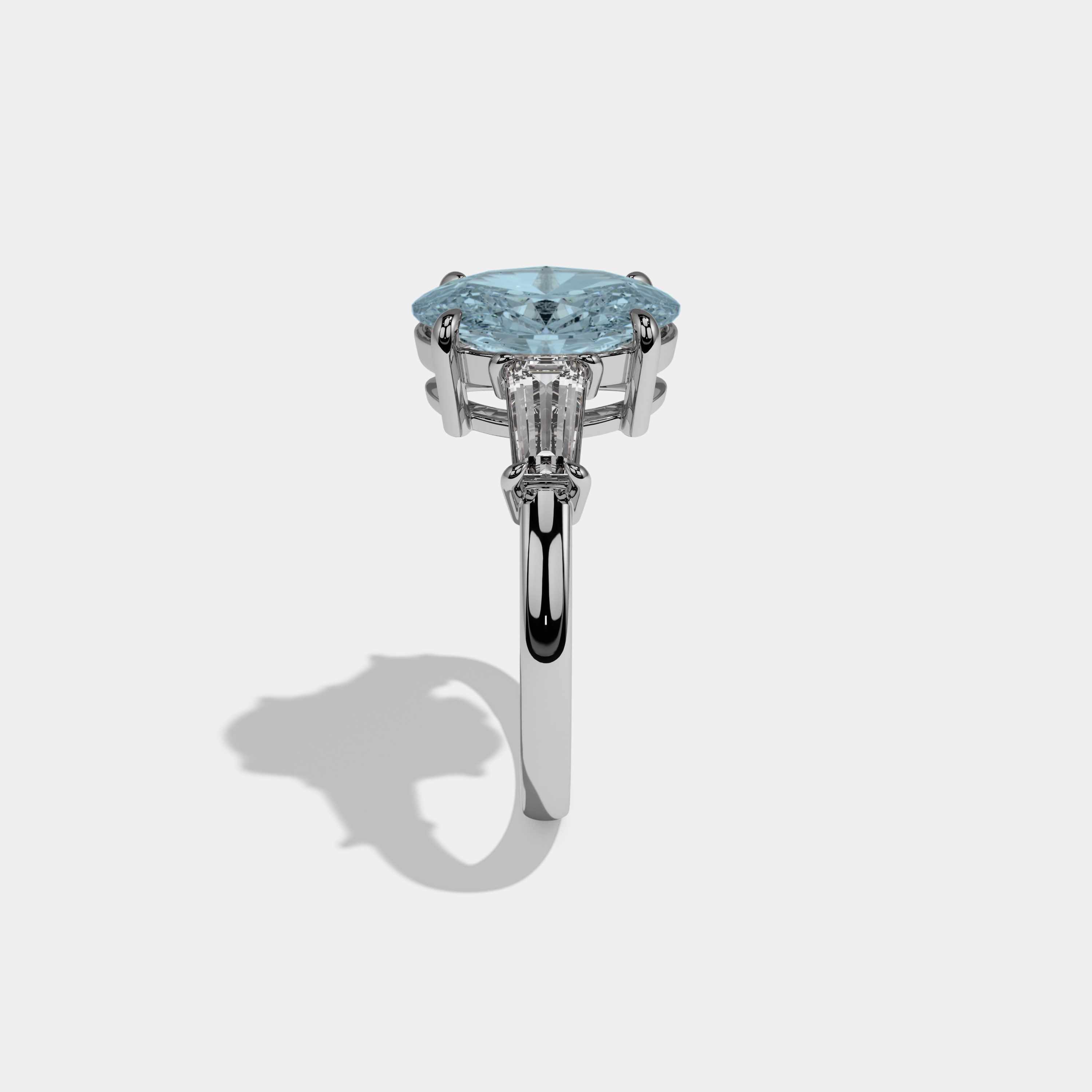Margaret Fancy Light Blue Oval Cut Diamond Plain Band Engagement Ring With Baguette Cut Sides 6ct 18K White Gold