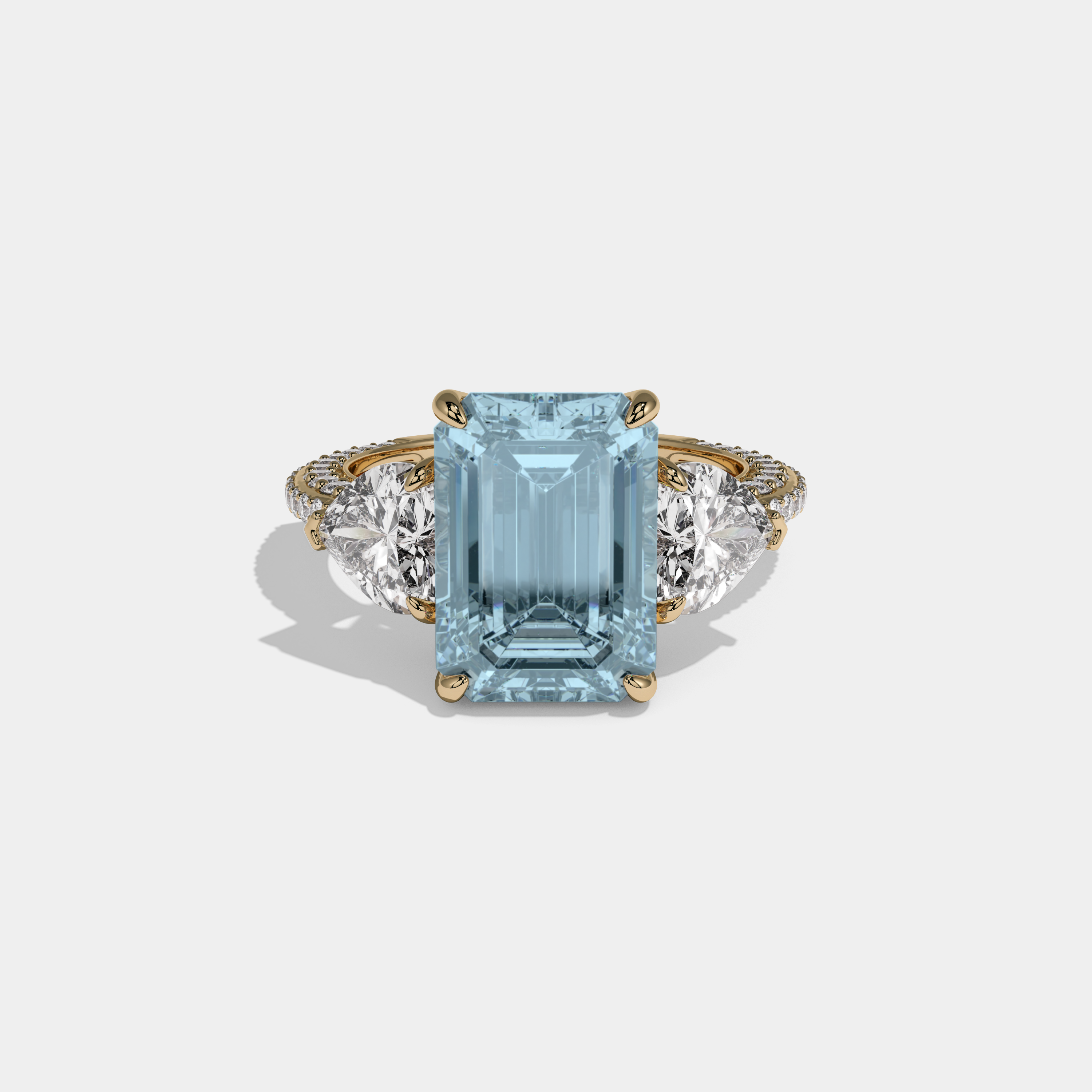 Cecilia Fancy Light Blue Emerald Cut Diamond Band With Heart Cut Sides Engagement Ring 8ct 18K Yellow Gold