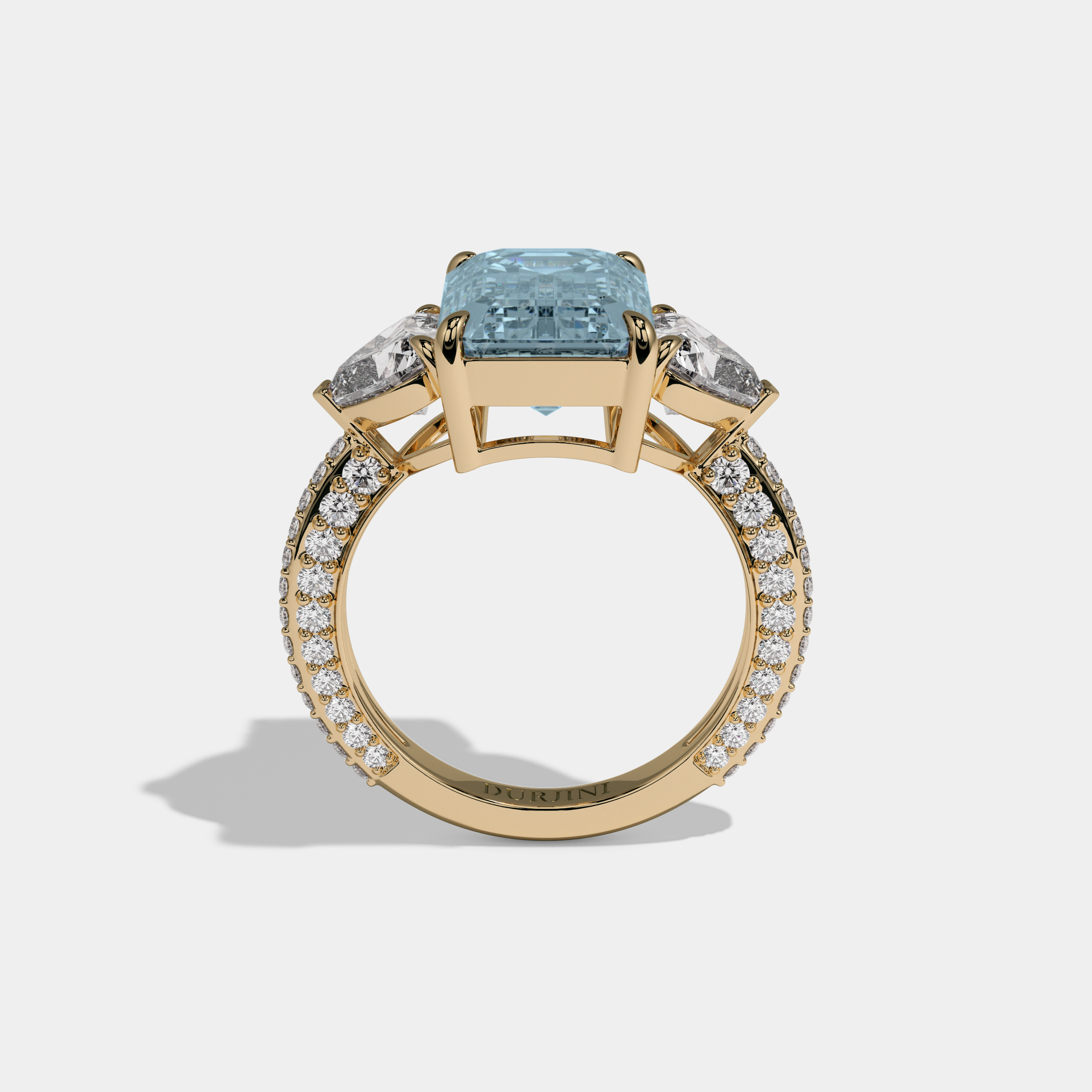 Cecilia Fancy Light Blue Emerald Cut Diamond Band With Heart Cut Sides Engagement Ring 8ct 18K Yellow Gold