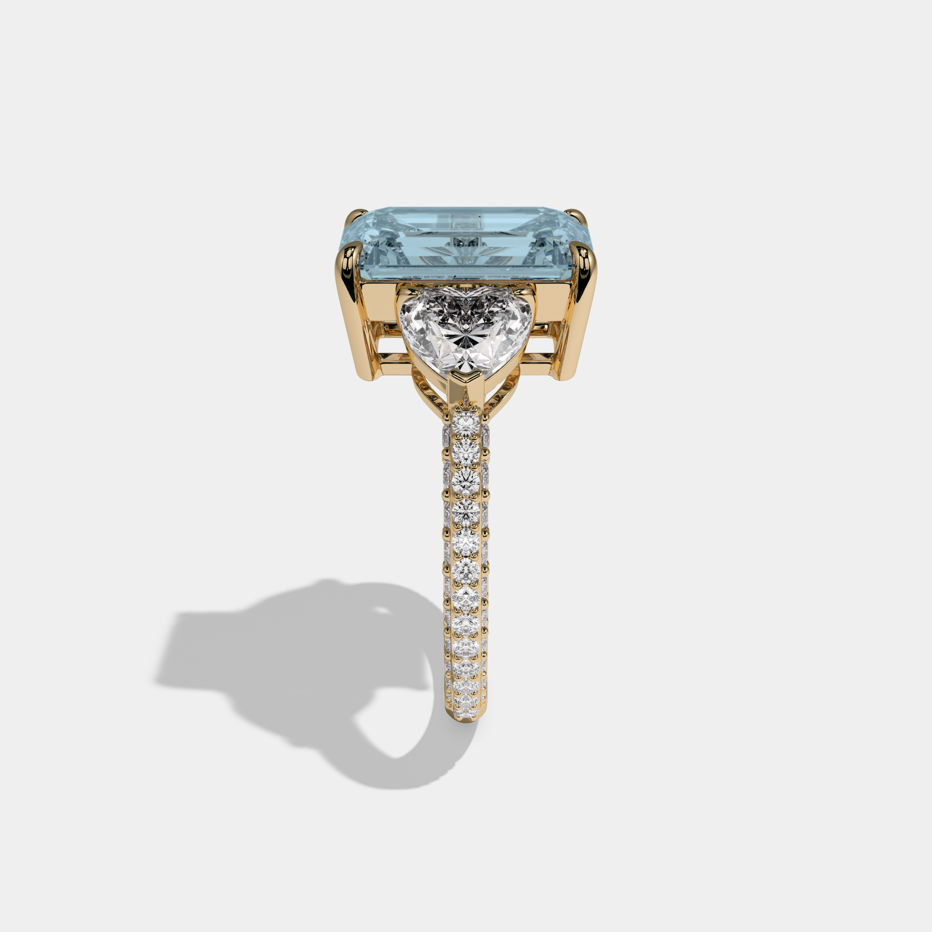 Cecilia Fancy Light Blue Emerald Cut Diamond Band With Heart Cut Sides Engagement Ring 8ct 18K Yellow Gold