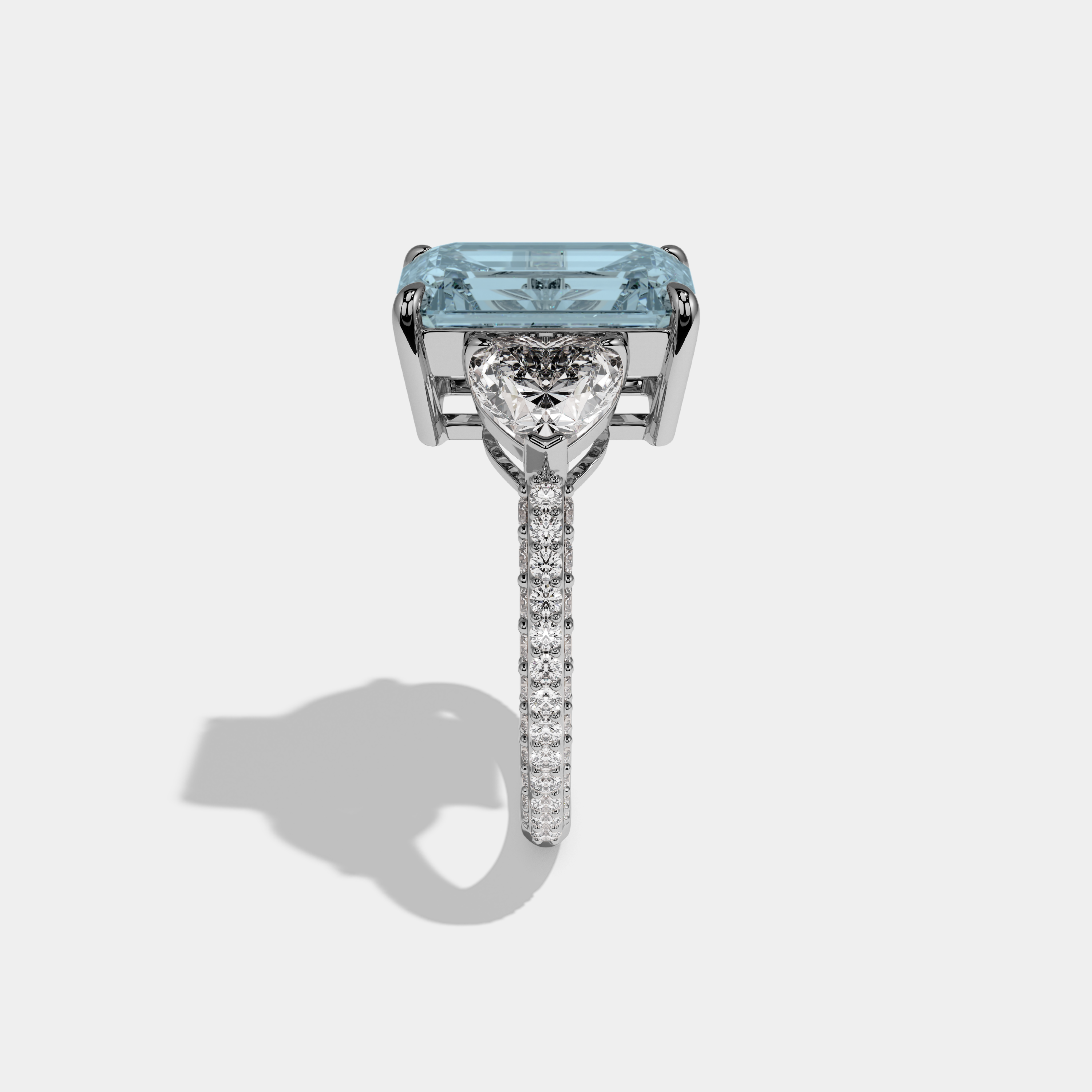 Charlotte Fancy Light Blue Emerald Cut Diamond Band With Heart Cut Sides Engagement Ring 8ct 18K White Gold