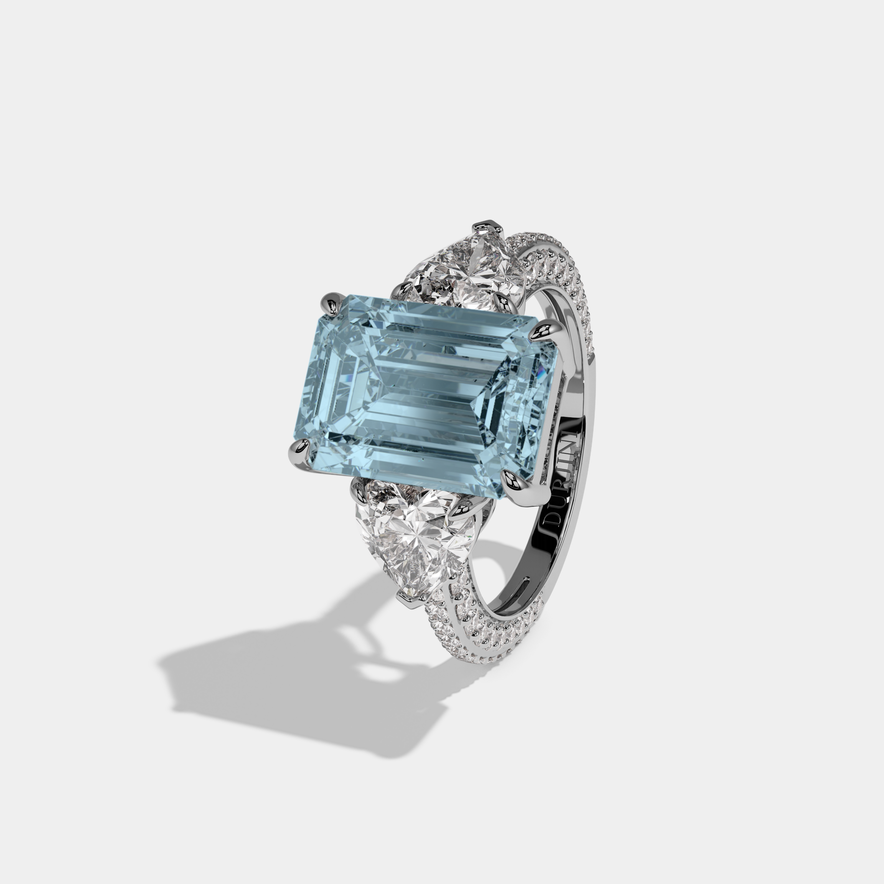 Charlotte Fancy Light Blue Emerald Cut Diamond Band With Heart Cut Sides Engagement Ring 8ct 18K White Gold