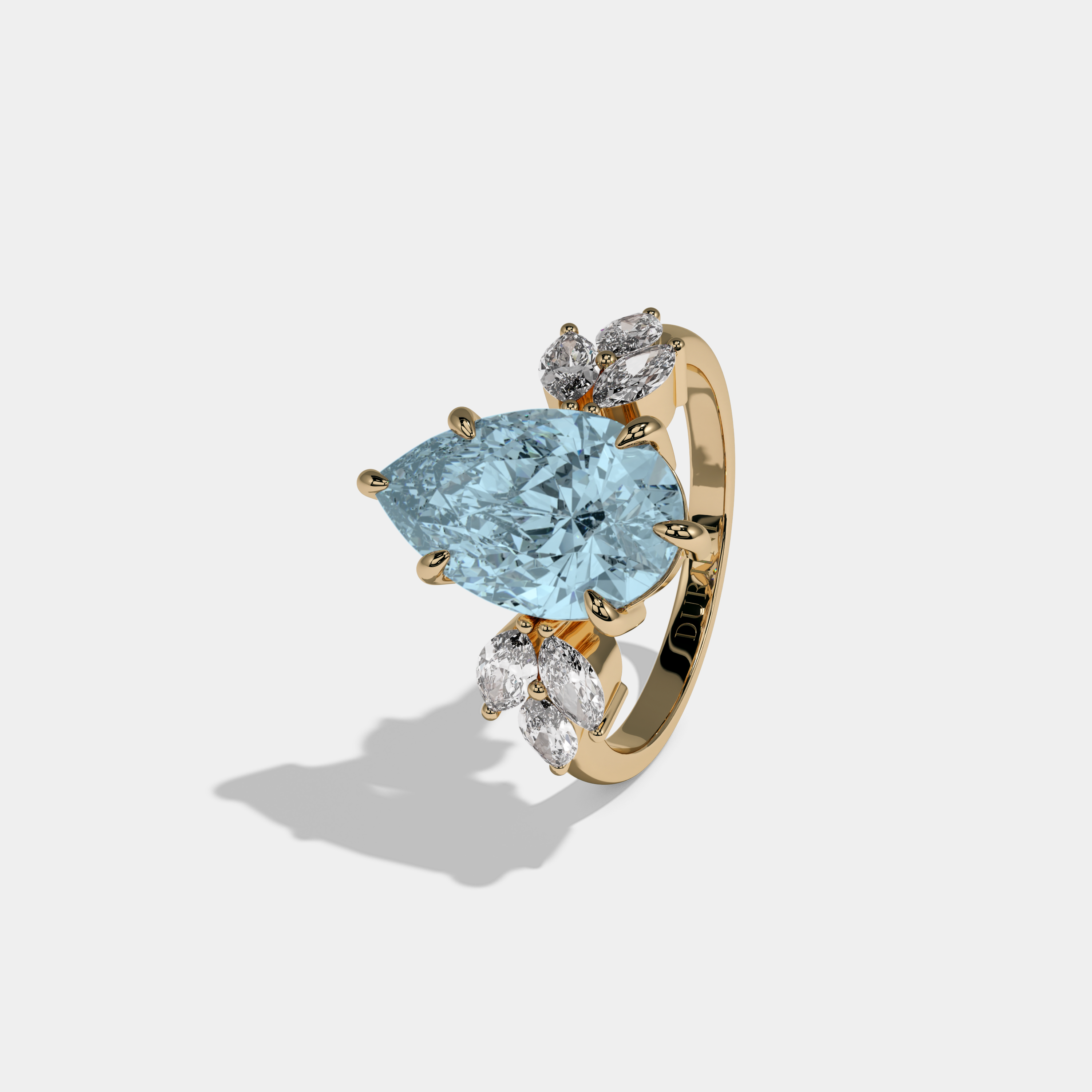 Anne Fancy Light Blue Pear Cut Diamond Plain Band With Marquise Cut Sides Engagement Ring 7ct 18K Yellow Gold