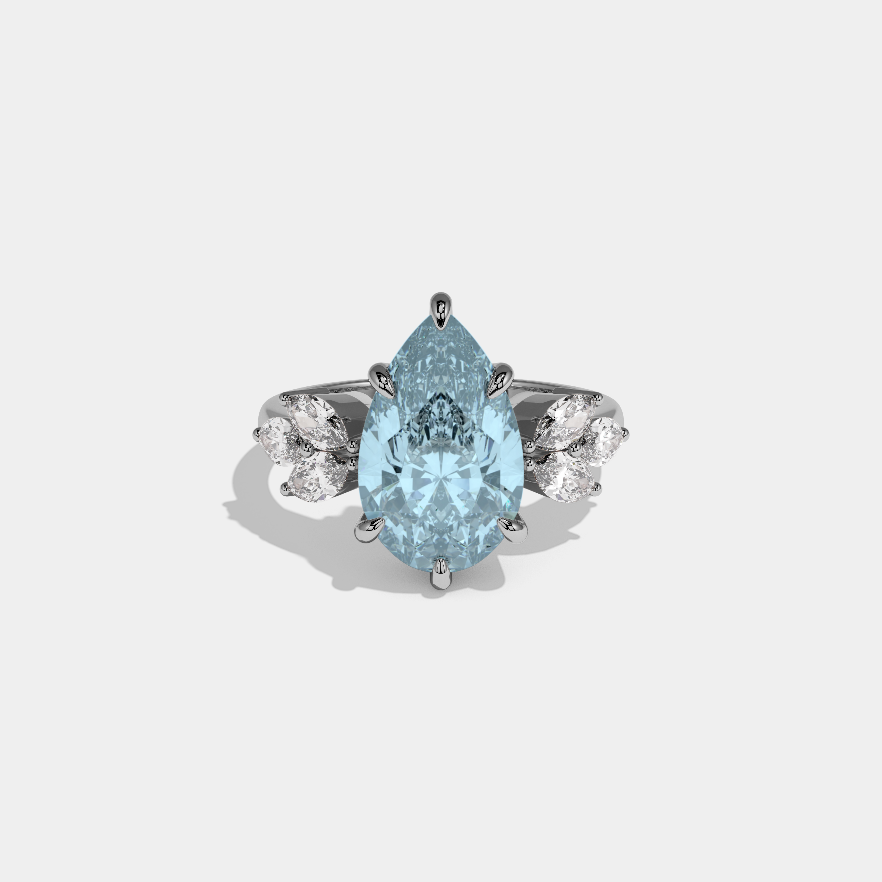 Mary Fancy Light Blue Pear Cut Diamond Plain Band With Marquise Cut Sides Engagement Ring 7ct 18K White Gold
