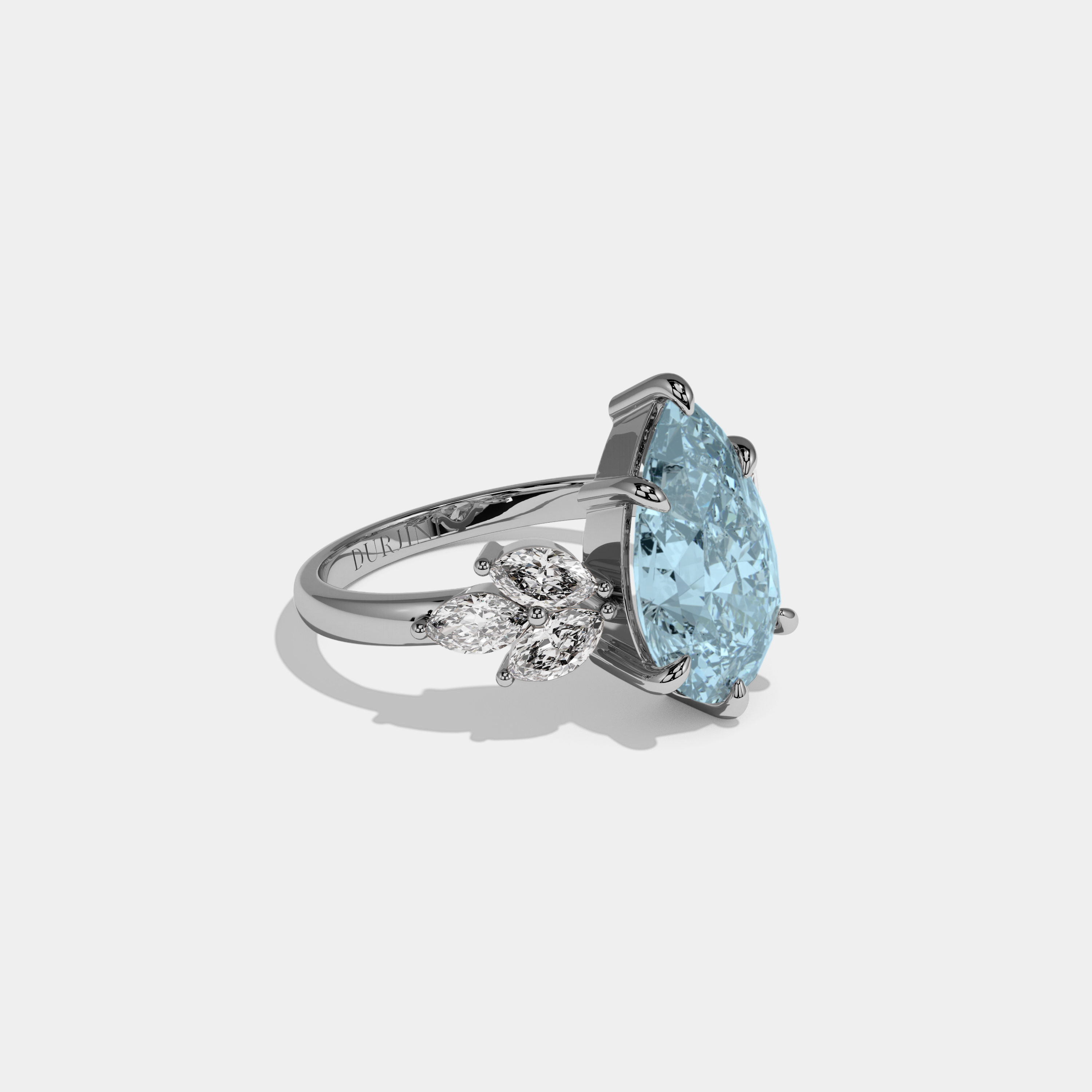 Mary Fancy Light Blue Pear Cut Diamond Plain Band With Marquise Cut Sides Engagement Ring 7ct 18K White Gold