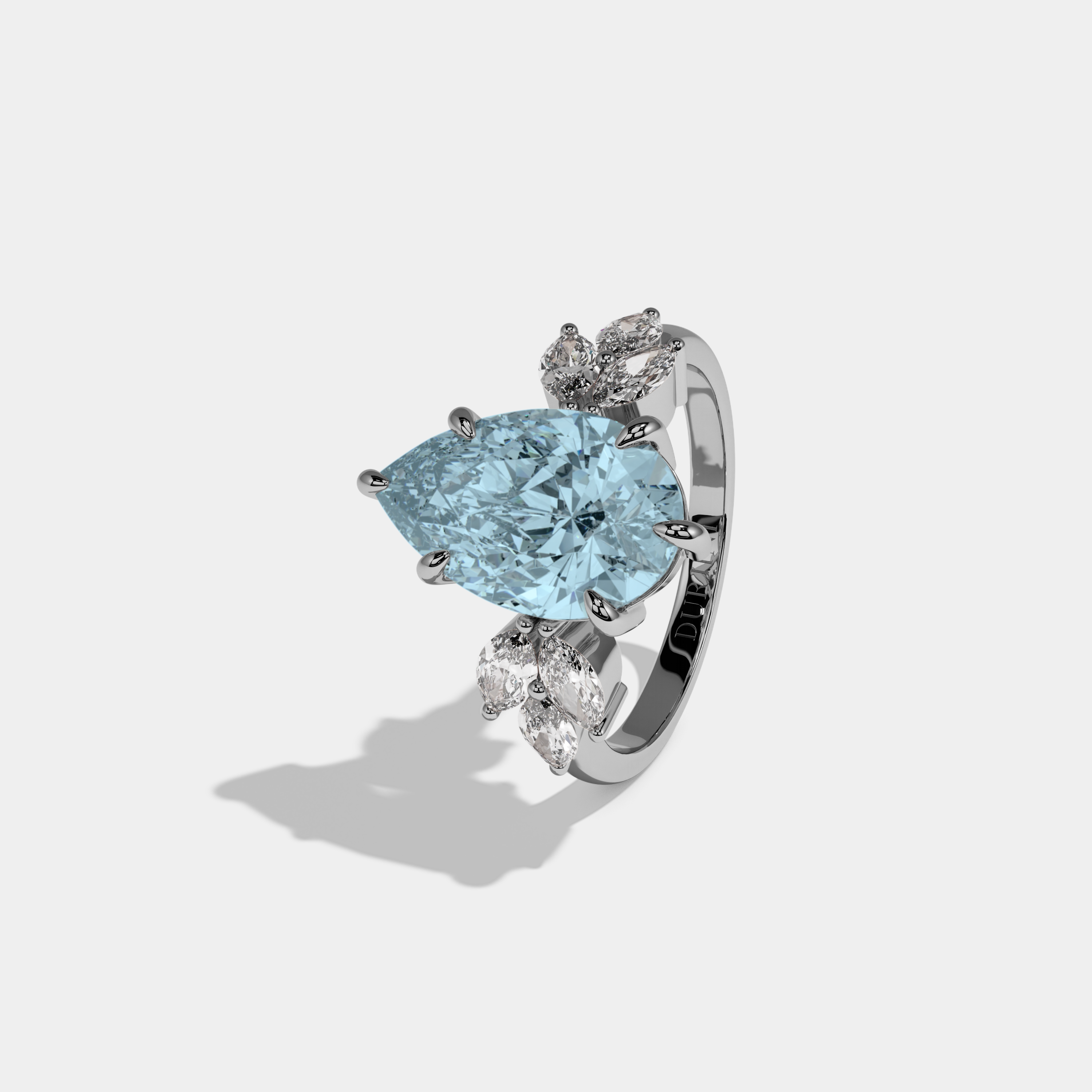 Mary Fancy Light Blue Pear Cut Diamond Plain Band With Marquise Cut Sides Engagement Ring 7ct 18K White Gold