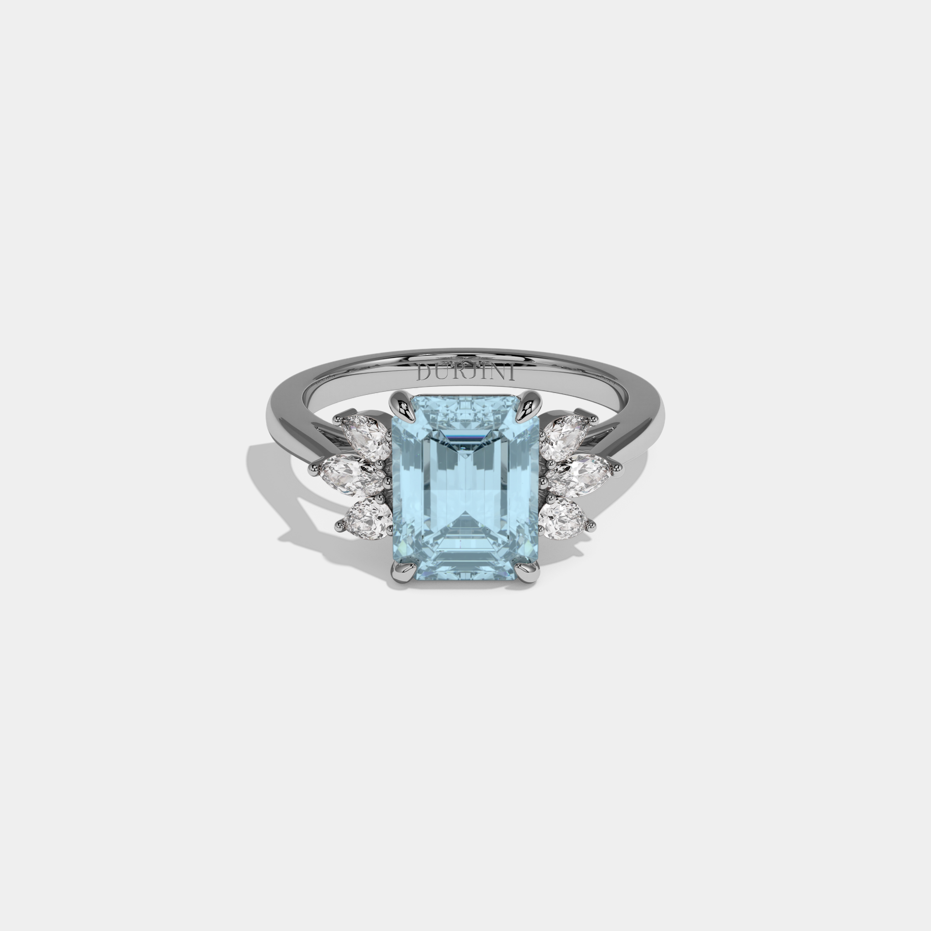 Louise Fancy Light Blue Emerald Cut Diamond Plain Band With Marquise Cut Sides Engagement Ring 6ct 18K White Gold