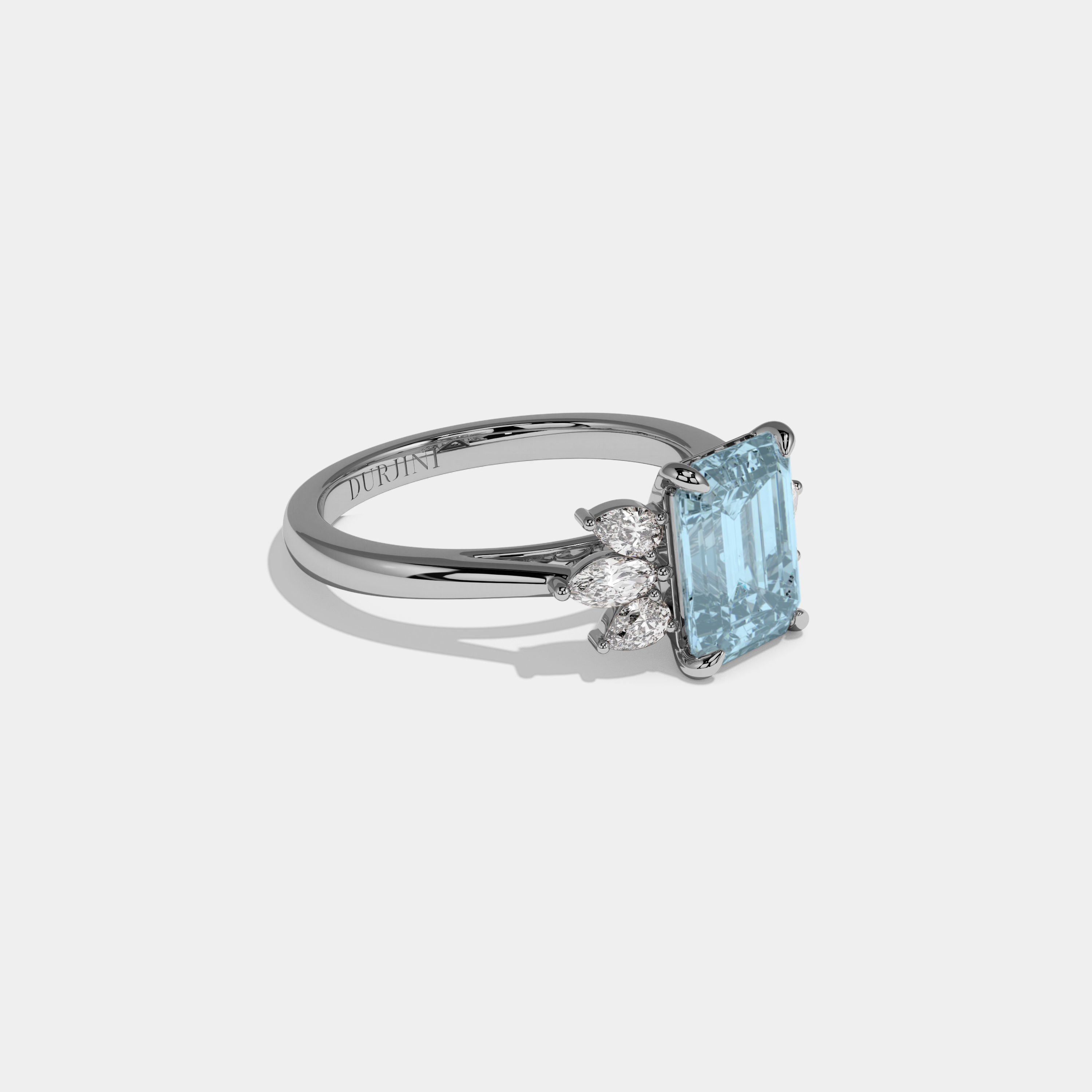 Louise Fancy Light Blue Emerald Cut Diamond Plain Band With Marquise Cut Sides Engagement Ring 6ct 18K White Gold