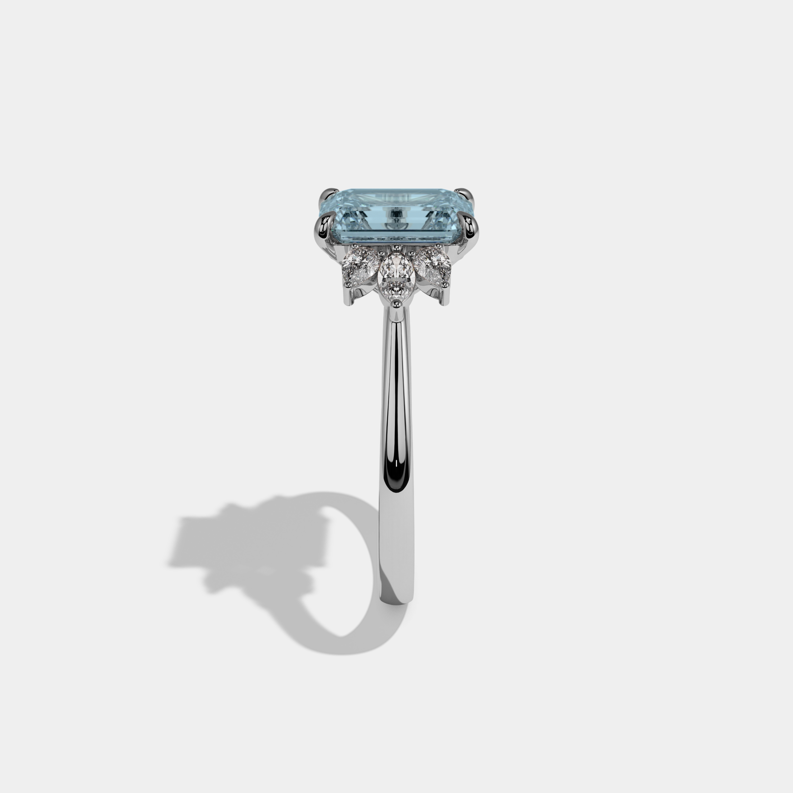 Louise Fancy Light Blue Emerald Cut Diamond Plain Band With Marquise Cut Sides Engagement Ring 6ct 18K White Gold