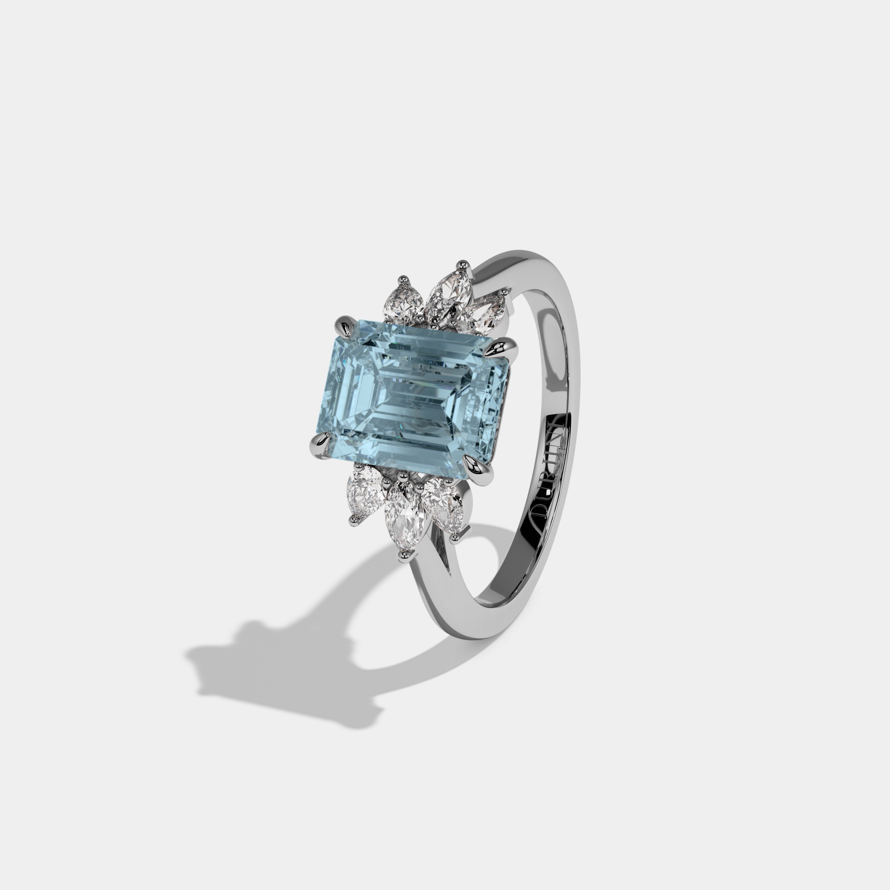 Louise Fancy Light Blue Emerald Cut Diamond Plain Band With Marquise Cut Sides Engagement Ring 6ct 18K White Gold
