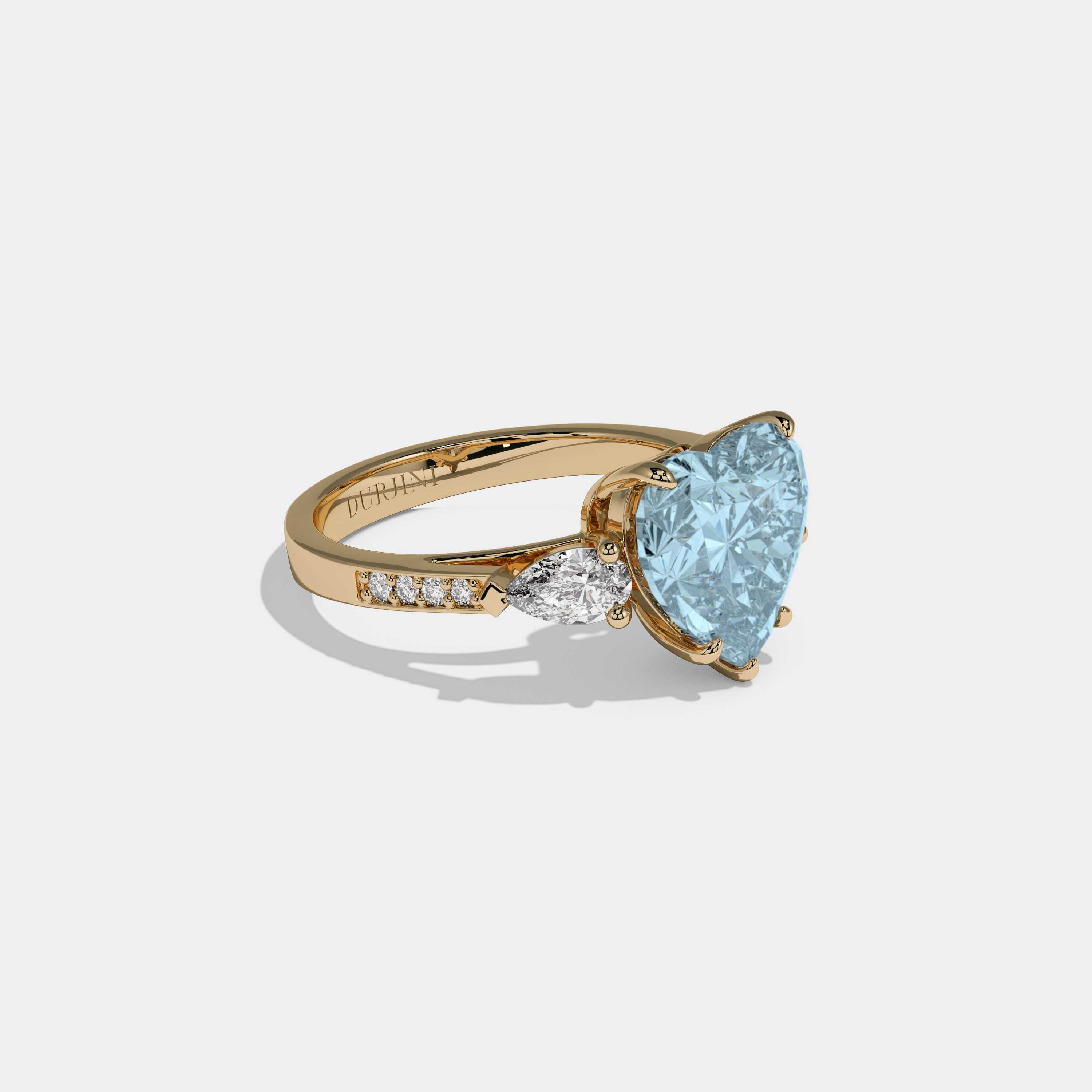 Caroline Fancy Light Blue Heart Brilliant Cut Diamond Band With Pear Sides Engagement Ring 7ct 18K Yellow Gold