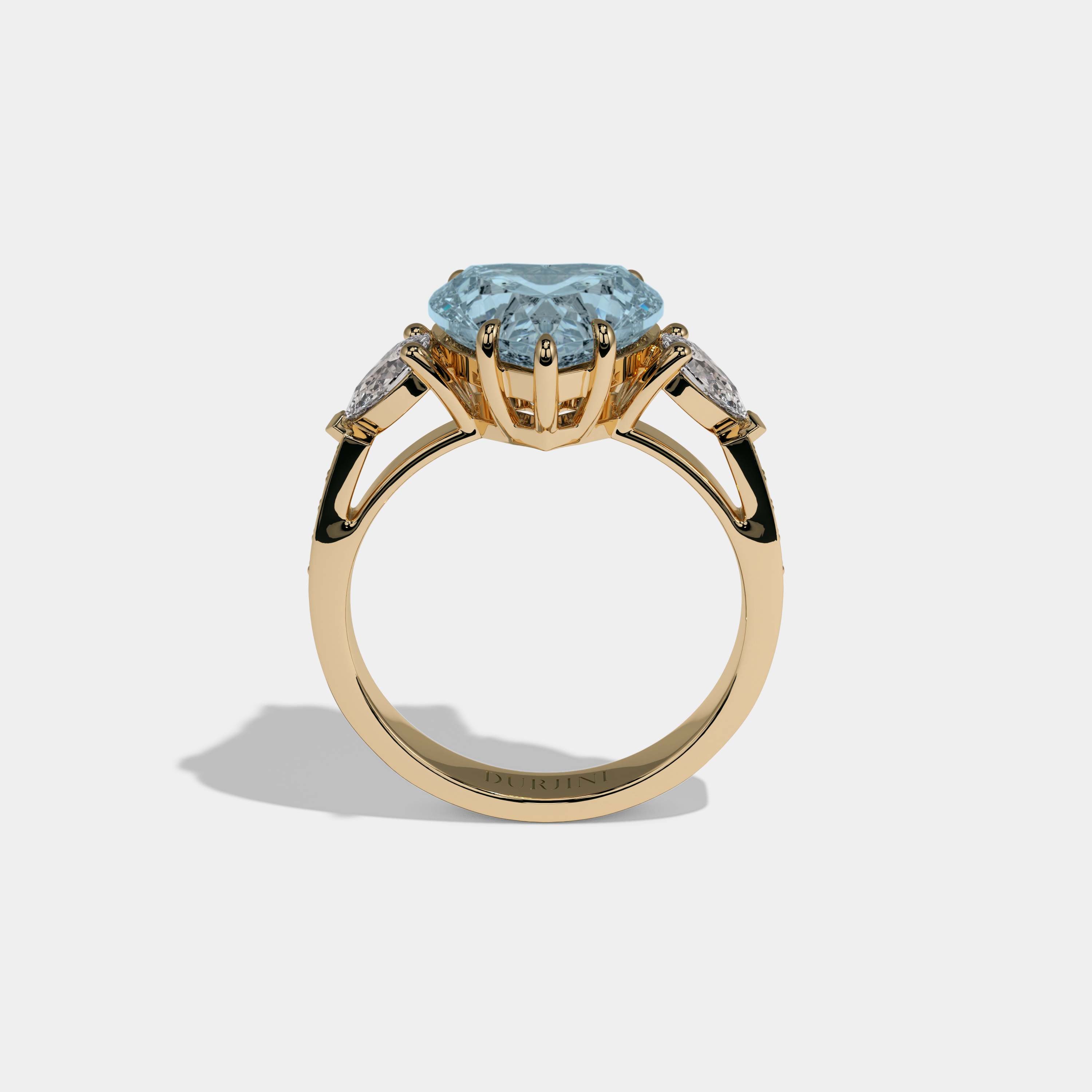 Caroline Fancy Light Blue Heart Brilliant Cut Diamond Band With Pear Sides Engagement Ring 7ct 18K Yellow Gold