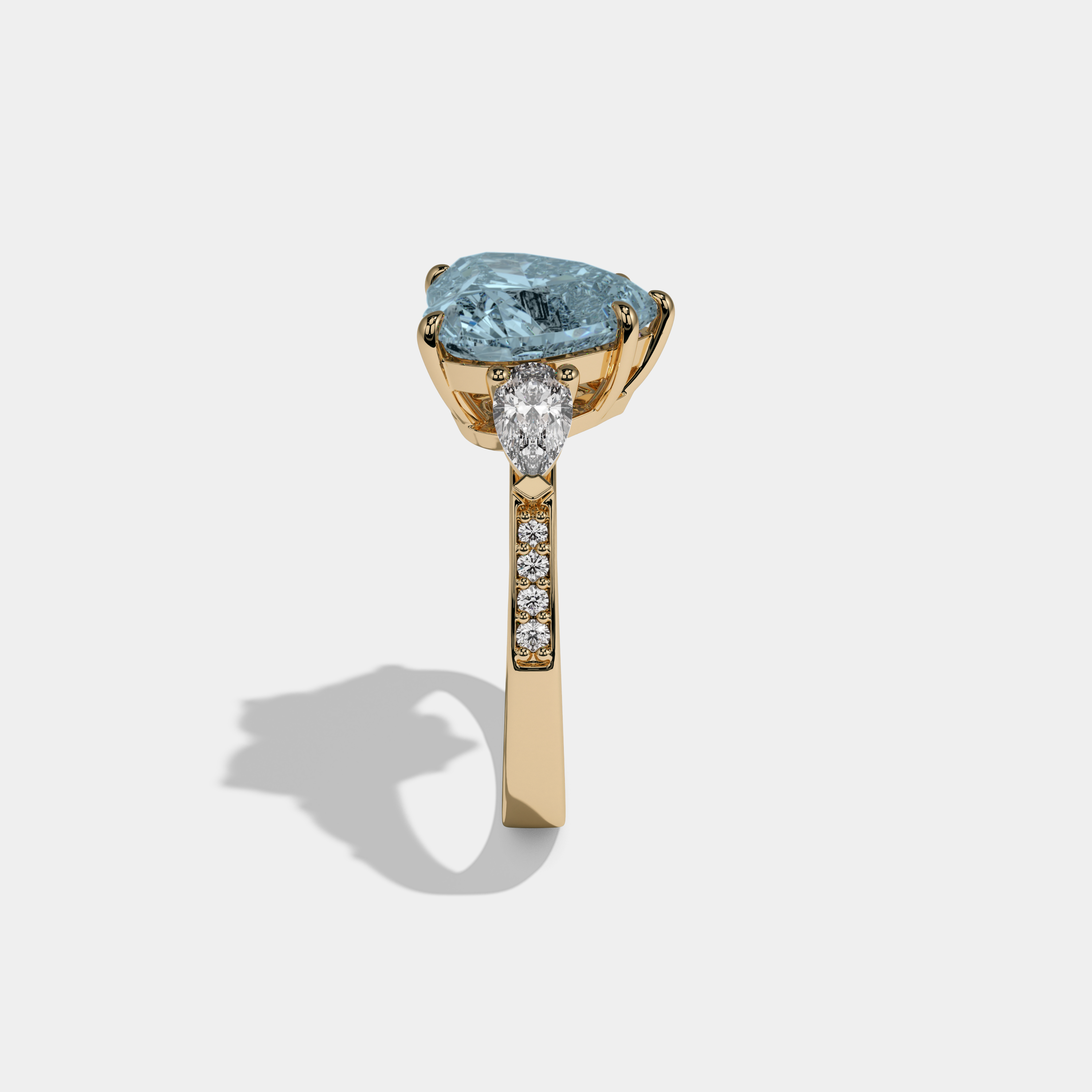 Caroline Fancy Light Blue Heart Brilliant Cut Diamond Band With Pear Sides Engagement Ring 7ct 18K Yellow Gold