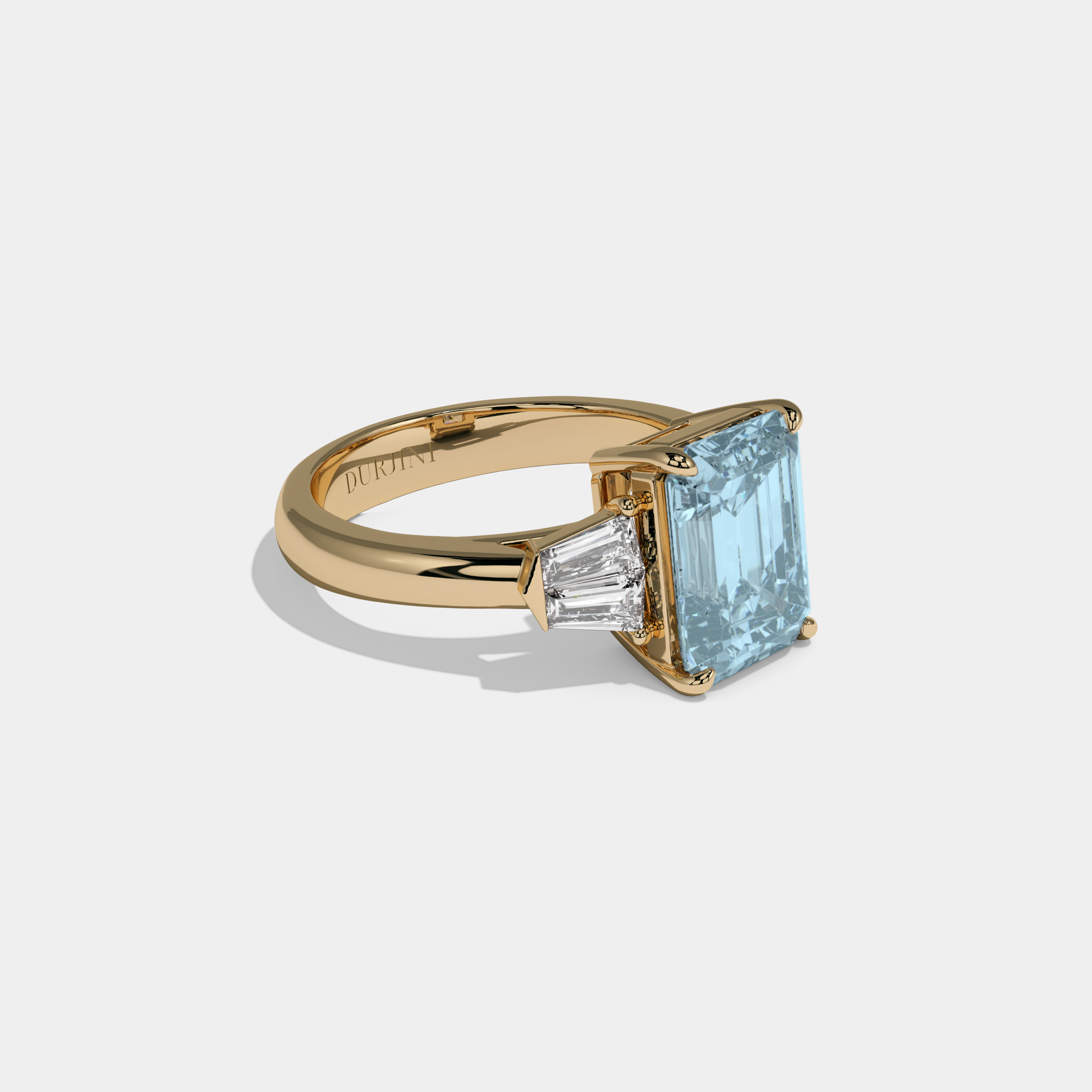 Caroline Fancy Light Blue Emerald Cut Diamond Plain Band With Baguette Sides Engagement Ring 6ct 18K Yellow Gold