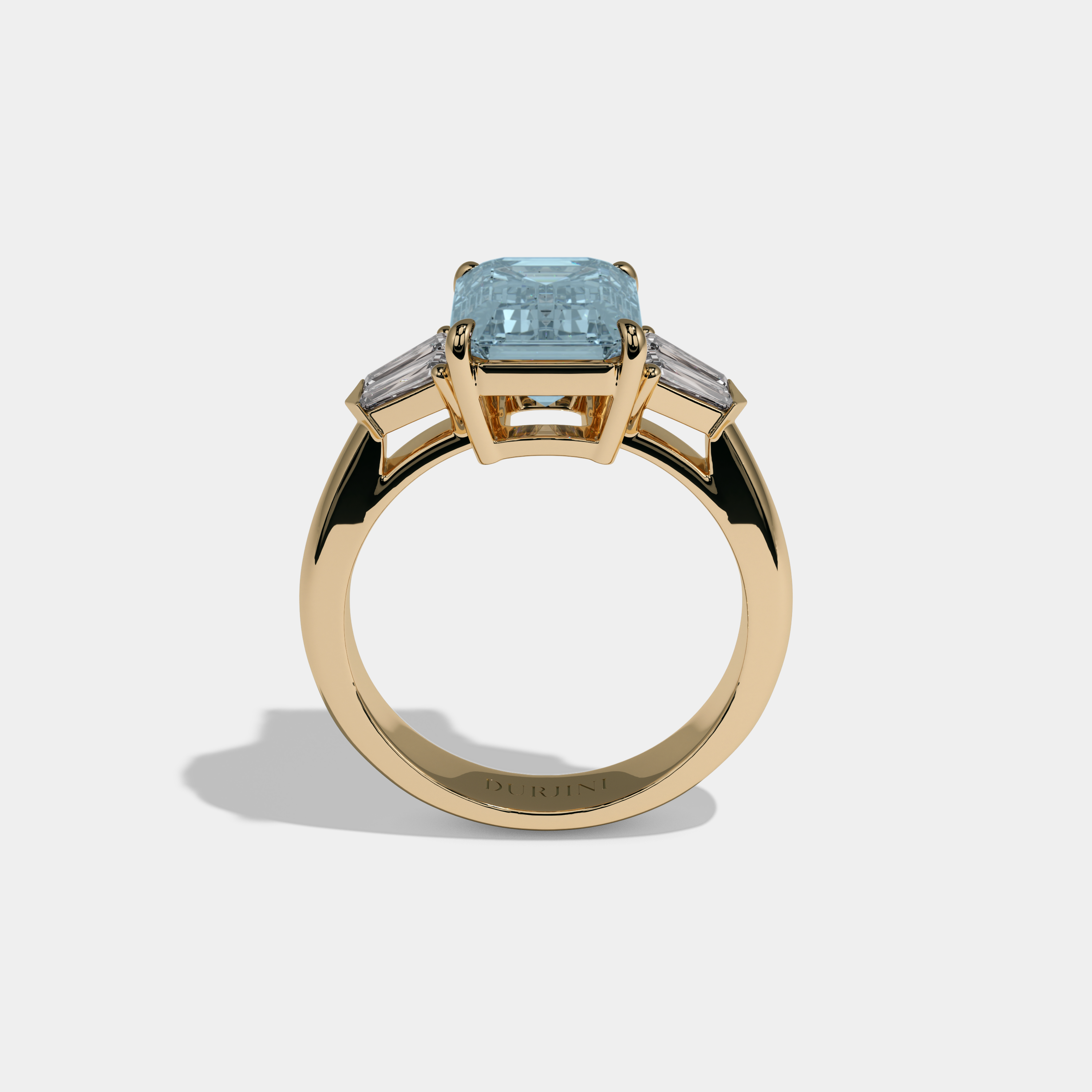 Caroline Fancy Light Blue Emerald Cut Diamond Plain Band With Baguette Sides Engagement Ring 6ct 18K Yellow Gold