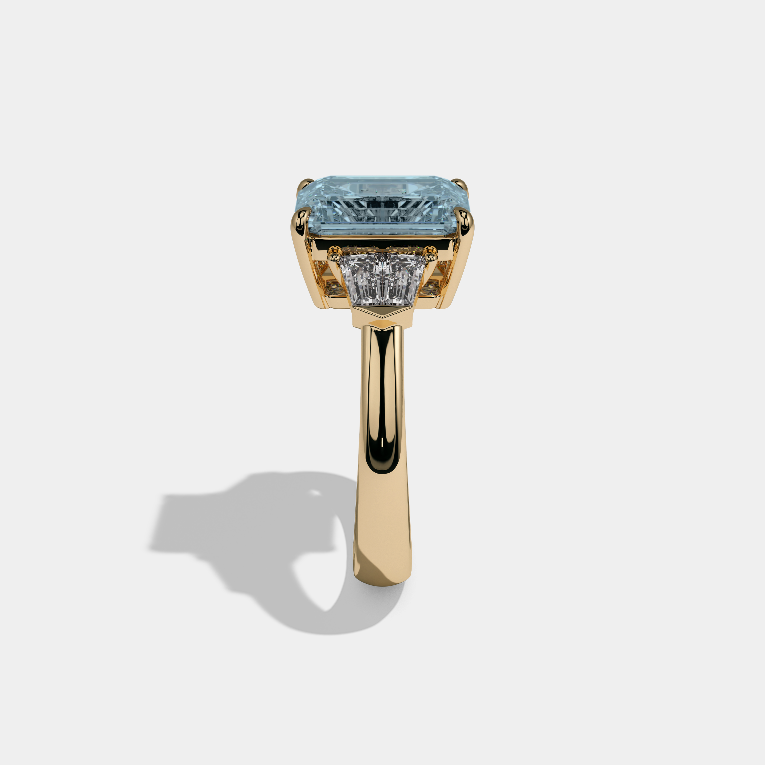 Caroline Fancy Light Blue Emerald Cut Diamond Plain Band With Baguette Sides Engagement Ring 6ct 18K Yellow Gold