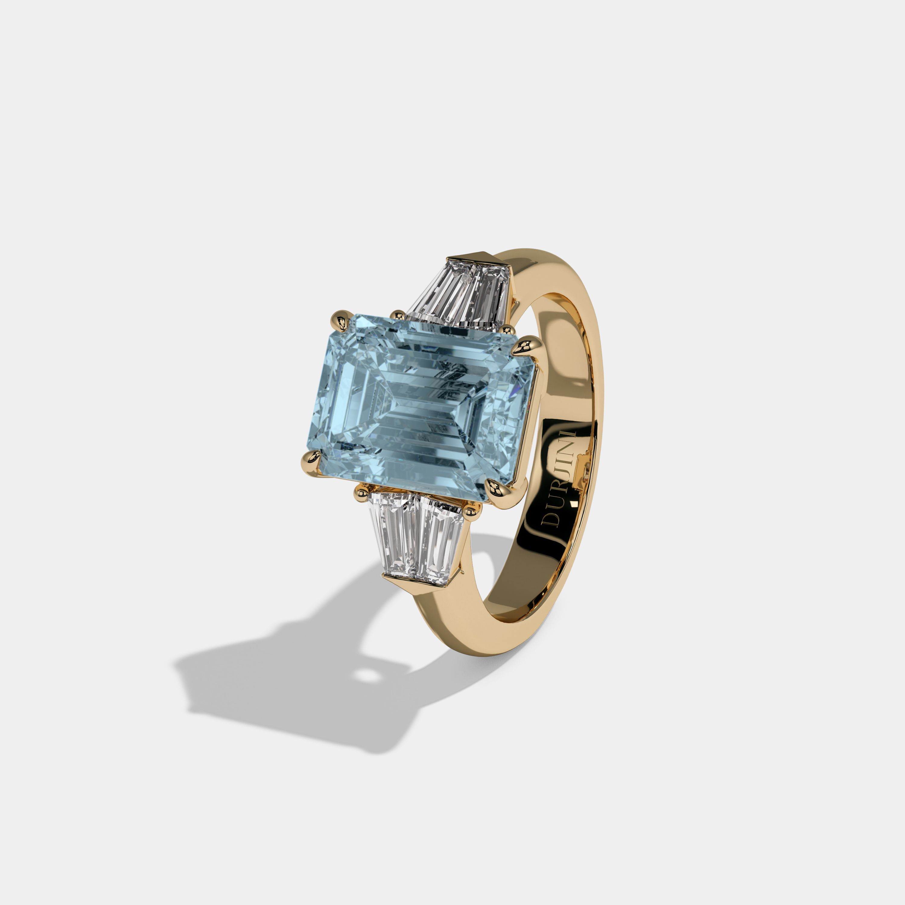 Caroline Fancy Light Blue Emerald Cut Diamond Plain Band With Baguette Sides Engagement Ring 6ct 18K Yellow Gold