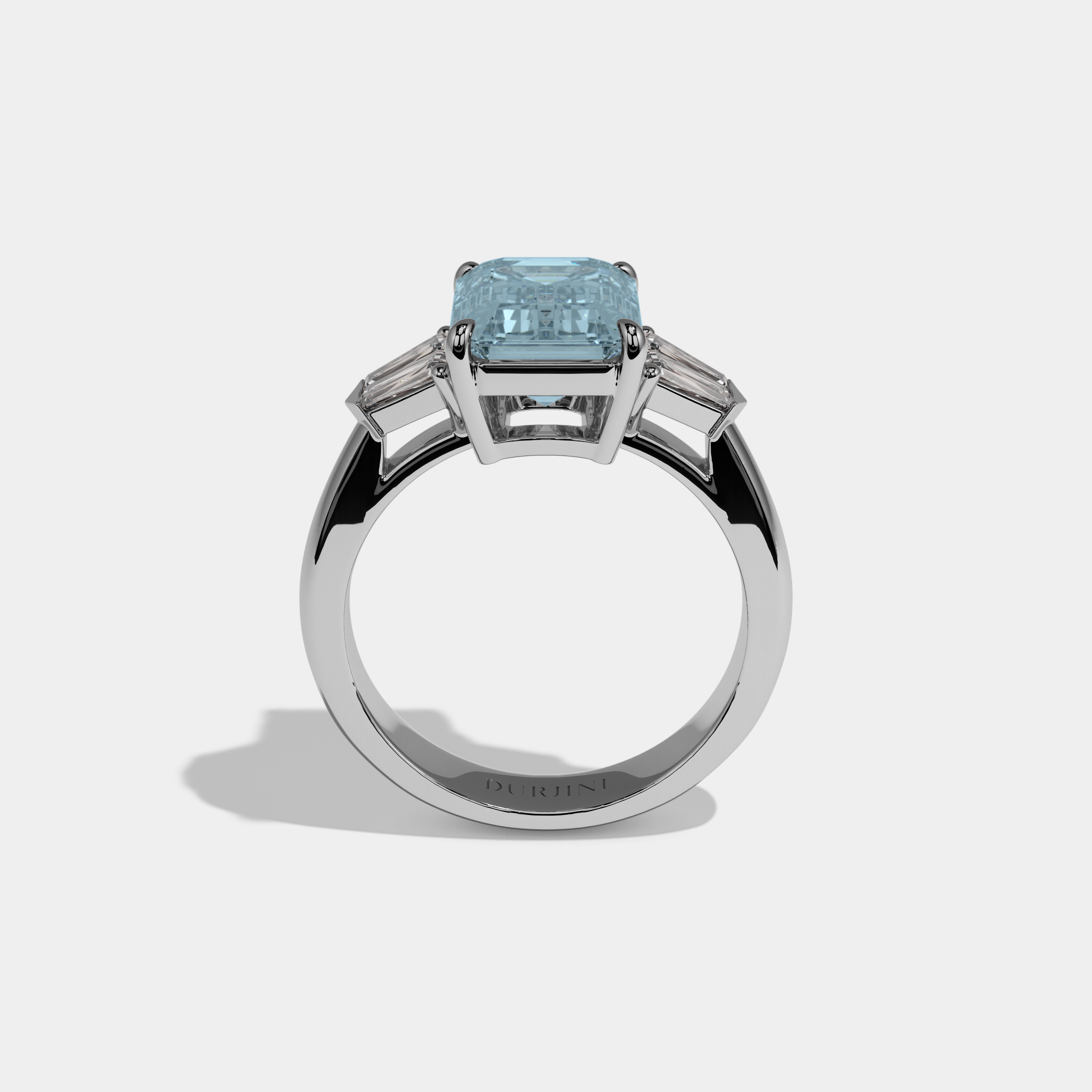 Margaret Fancy Light Blue Emerald Cut Diamond Plain Band With Baguette Sides Engagement Ring 6ct 18K White Gold