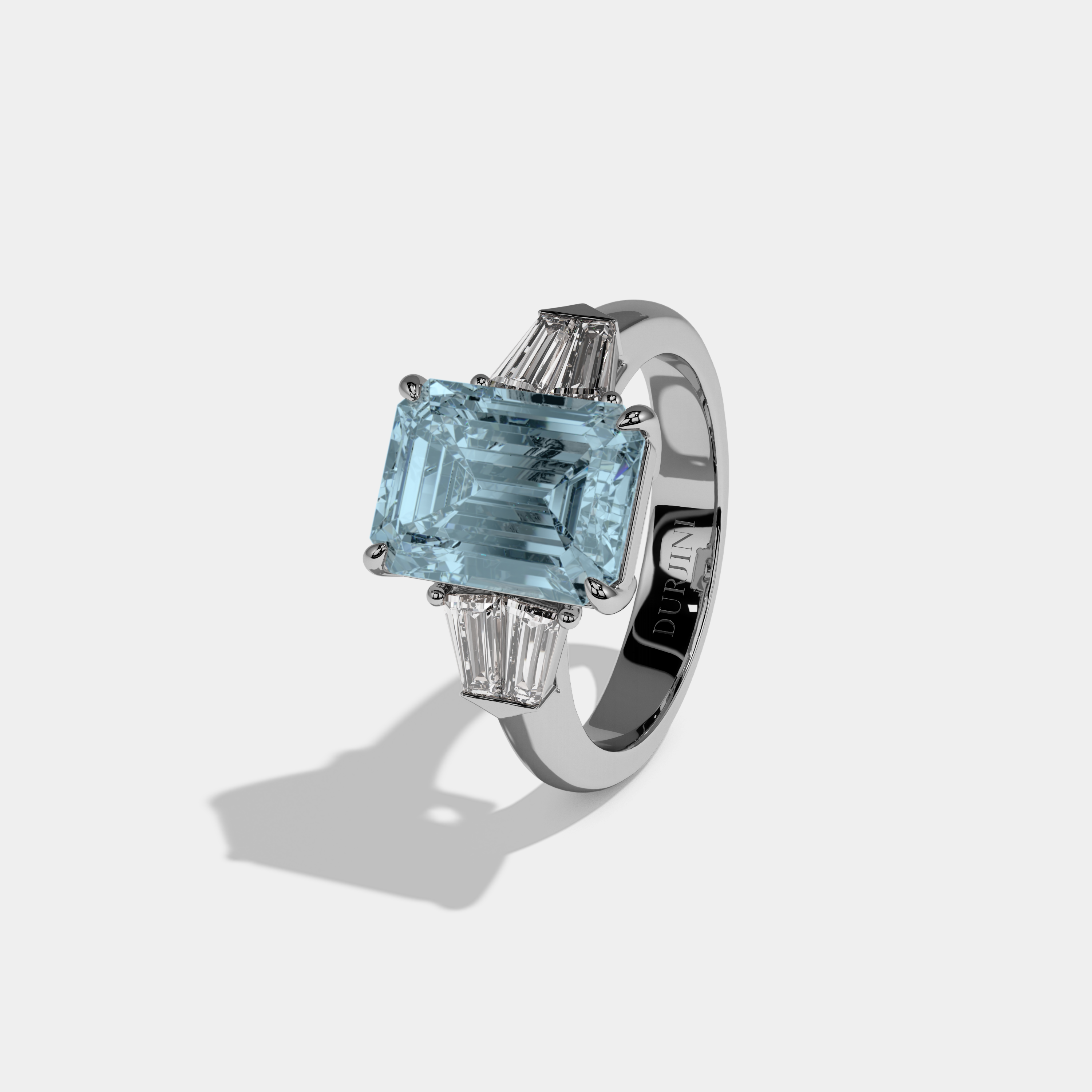Margaret Fancy Light Blue Emerald Cut Diamond Plain Band With Baguette Sides Engagement Ring 6ct 18K White Gold
