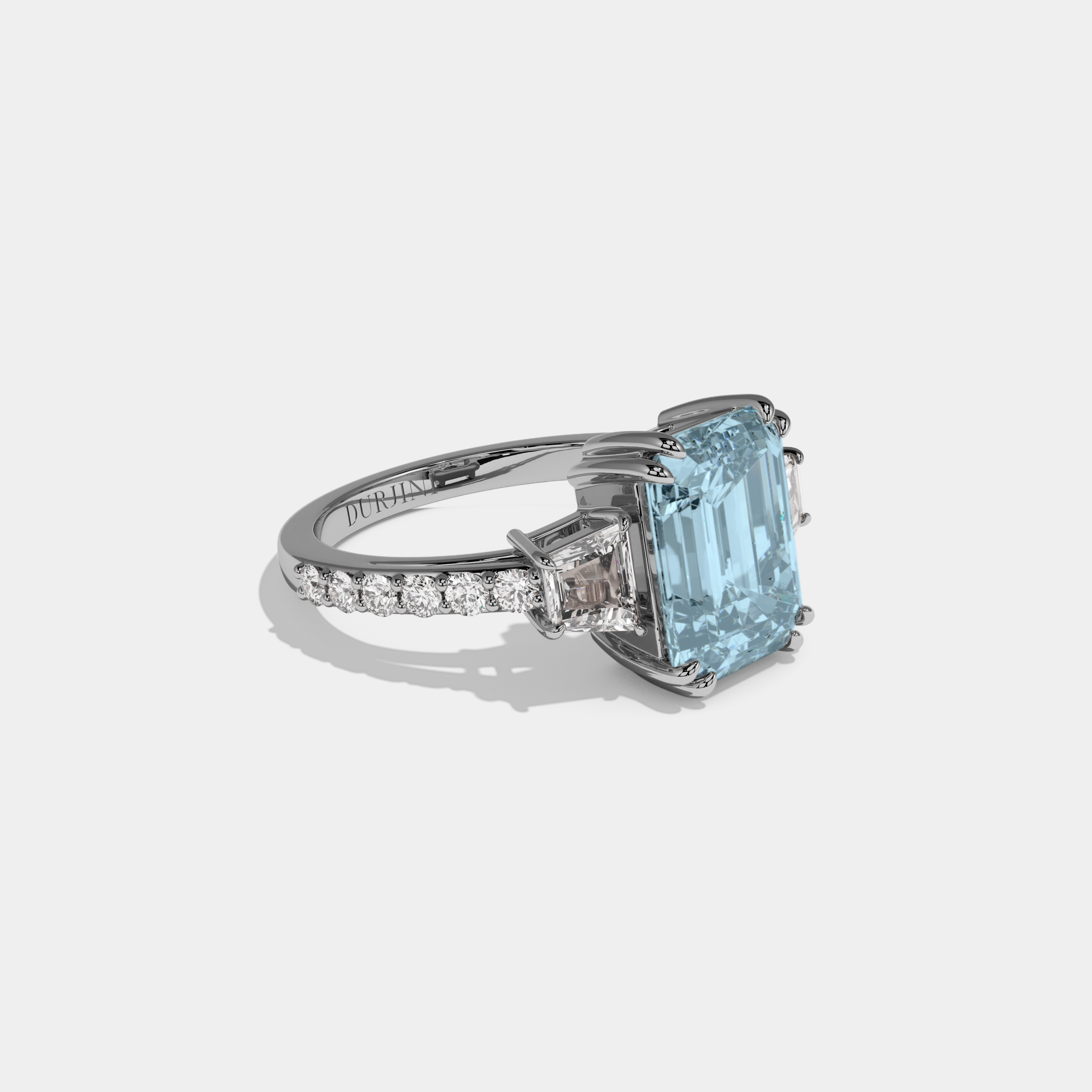 Mary Fancy Light Blue Emerald Cut Diamond Band With Step Cut Sides Engagement Ring 7ct 18K White Gold