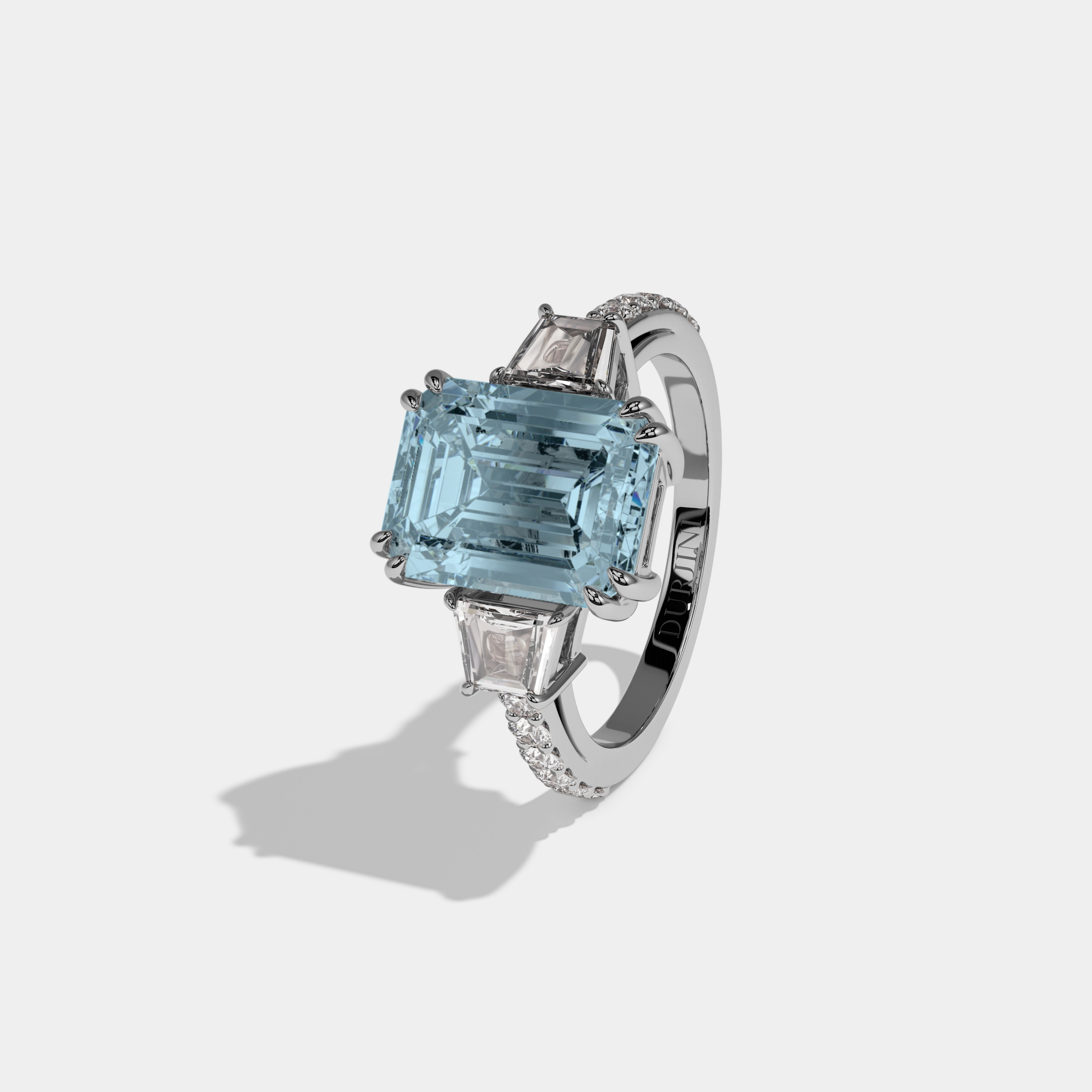 Mary Fancy Light Blue Emerald Cut Diamond Band With Step Cut Sides Engagement Ring 7ct 18K White Gold