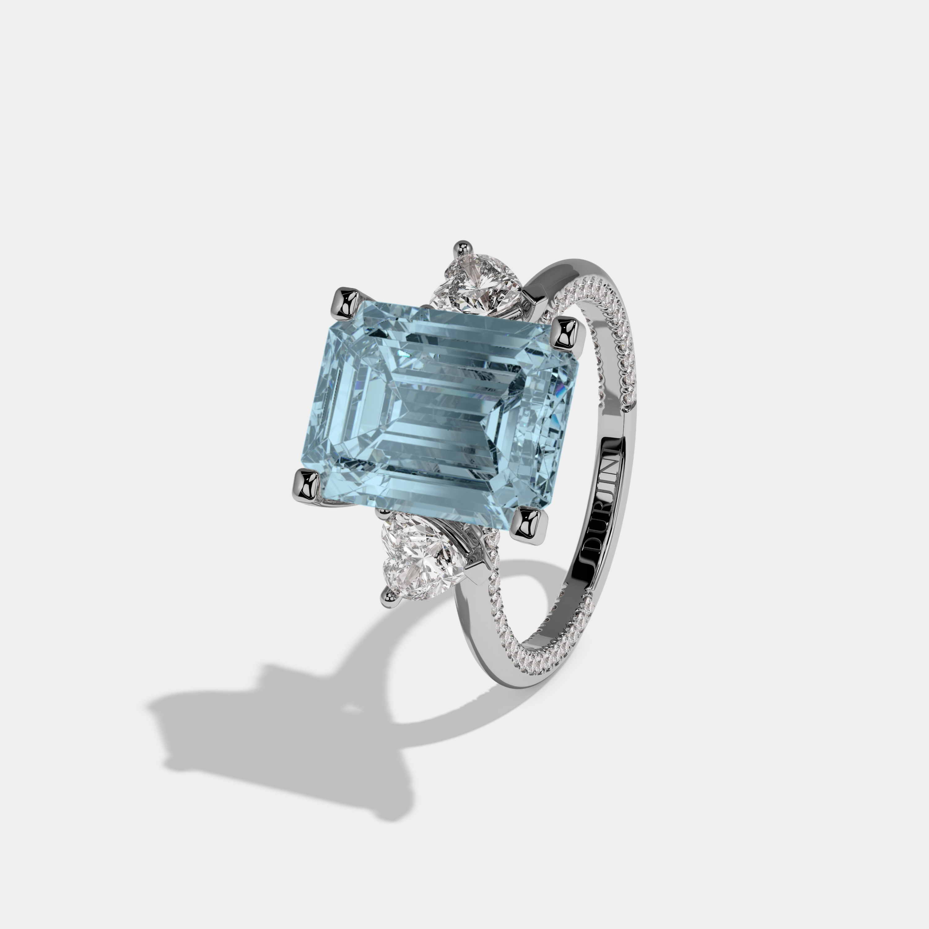 Mary Fancy Light Blue Emerald Cut Diamond Hidden Band Engagement Ring 6ct 18K White Gold
