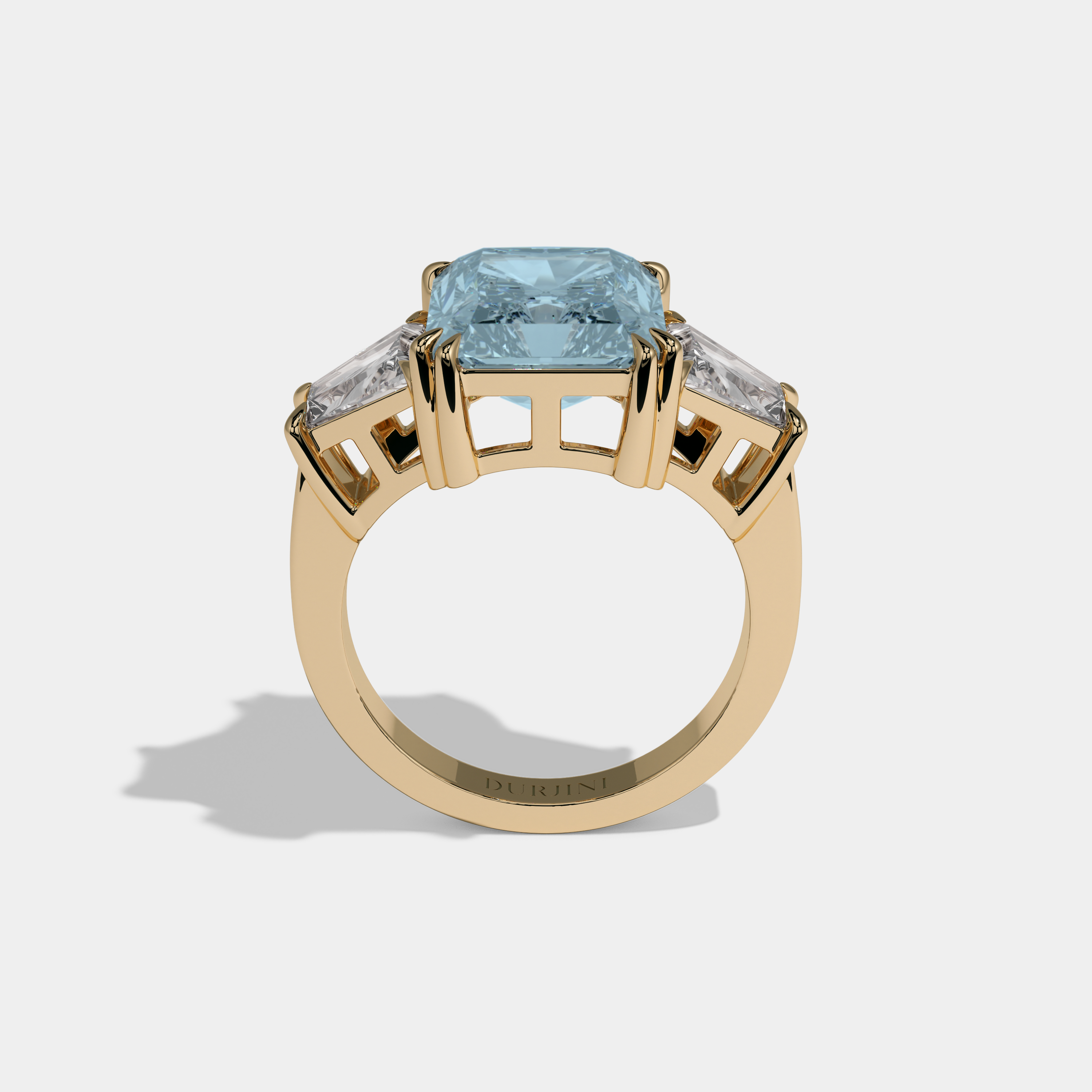 Anne Fancy Light Blue Radiant Cut Diamond Plain Band With Trapezoid Sides Engagement Ring 7ct 18K Yellow Gold