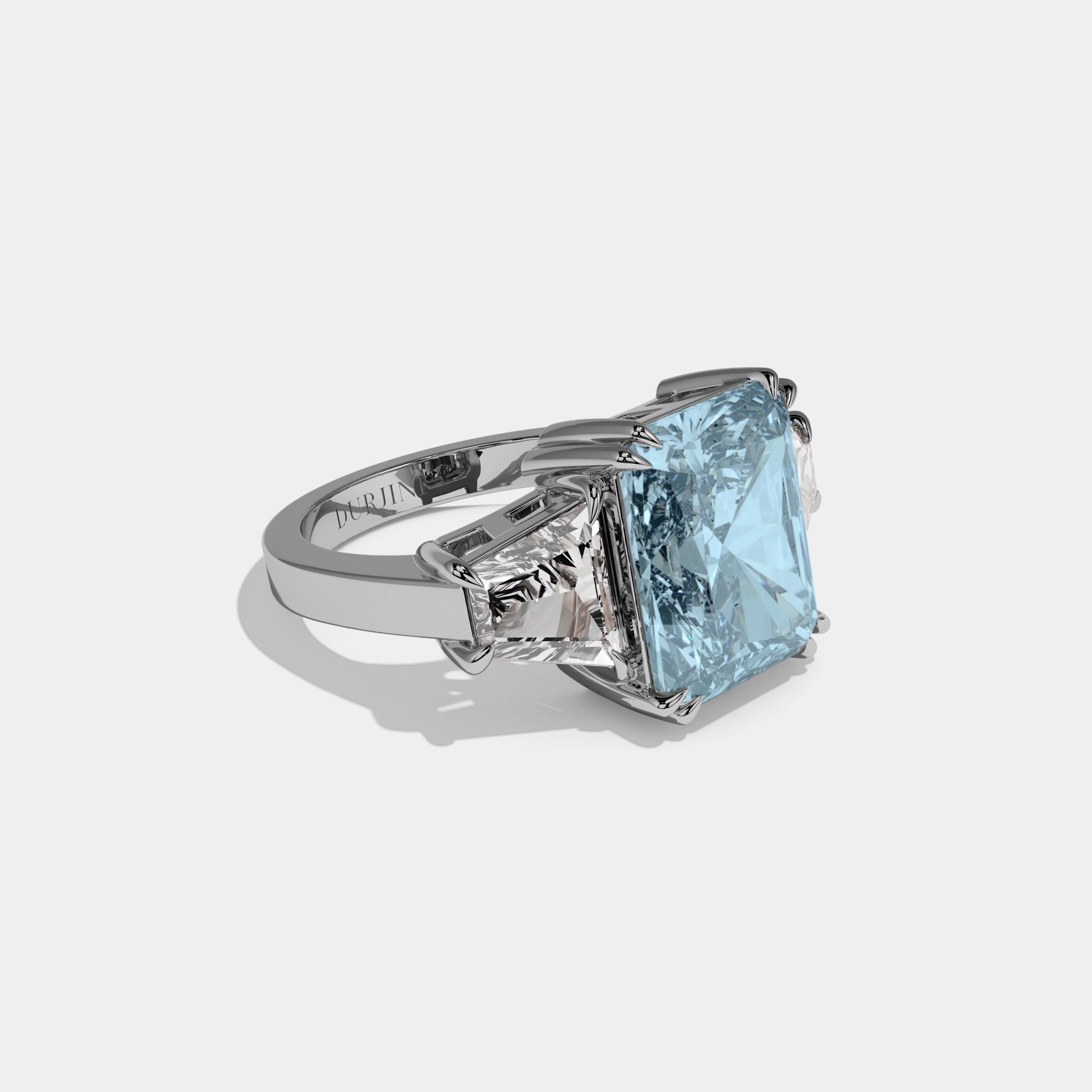 Margaret Fancy Light Blue Radiant Cut Diamond Plain Band With Trapezoid Sides Engagement Ring 7ct 18K White Gold
