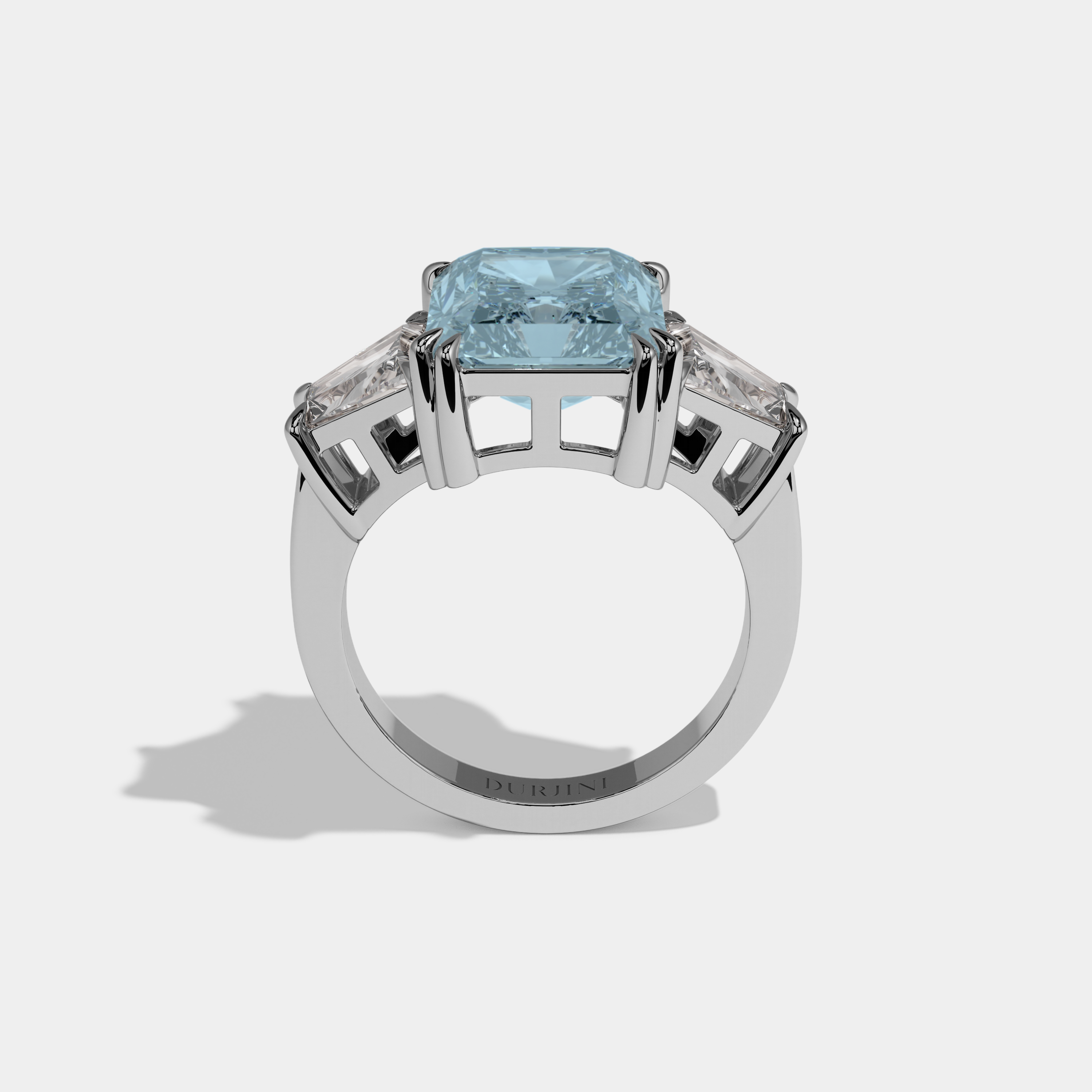 Margaret Fancy Light Blue Radiant Cut Diamond Plain Band With Trapezoid Sides Engagement Ring 7ct 18K White Gold